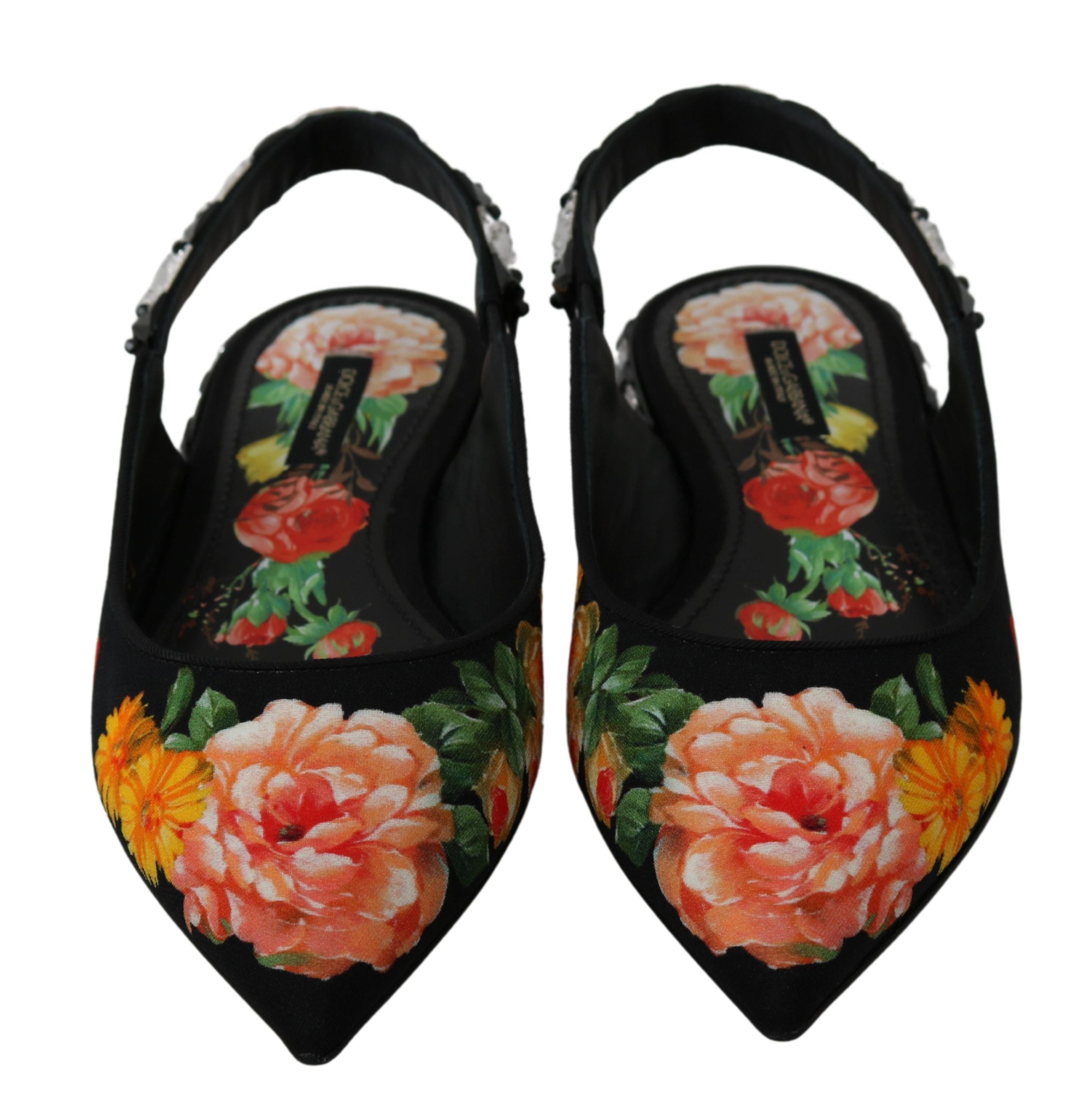 Dolce & Gabbana Black Floral Crystal Slingback Flats Shoes-5