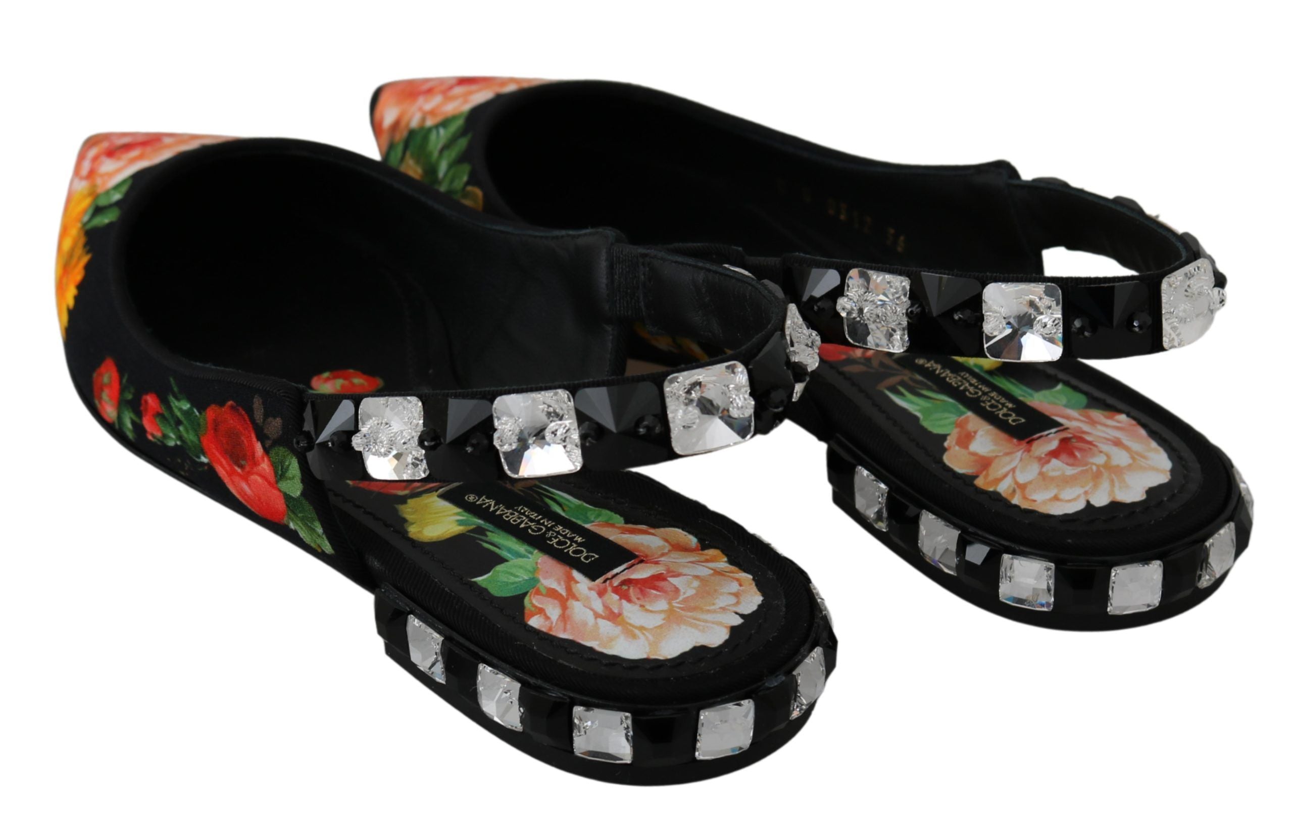 Dolce & Gabbana Black Floral Crystal Slingback Flats Shoes-6