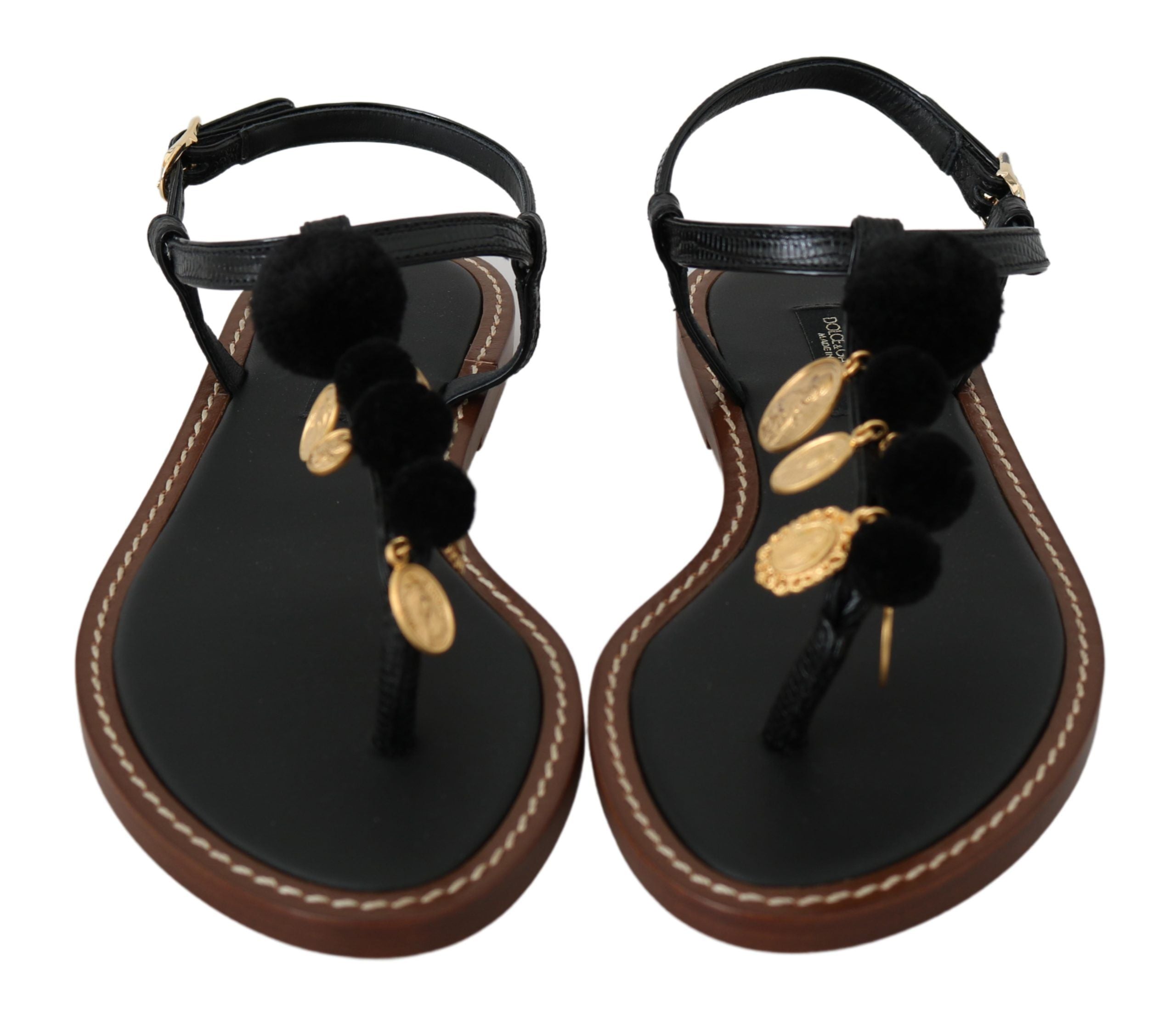 Dolce & Gabbana Black Leather Coin Flip Flops Sandals Shoes-2