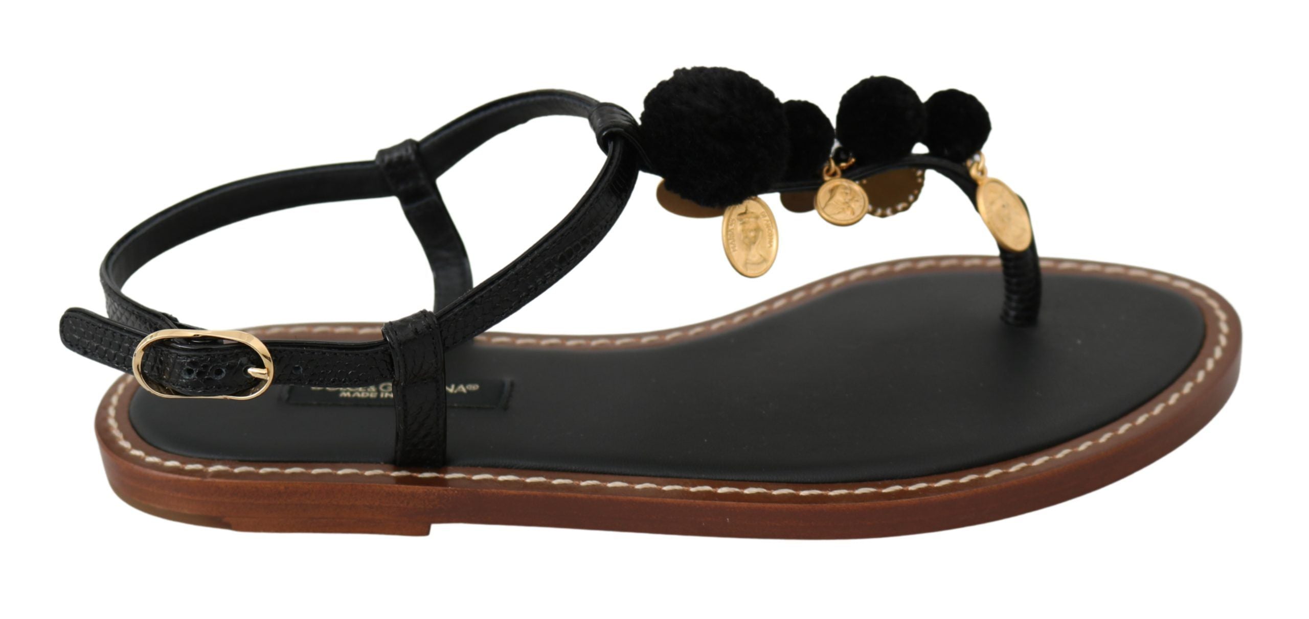 Dolce & Gabbana Black Leather Coin Flip Flops Sandals Shoes-1