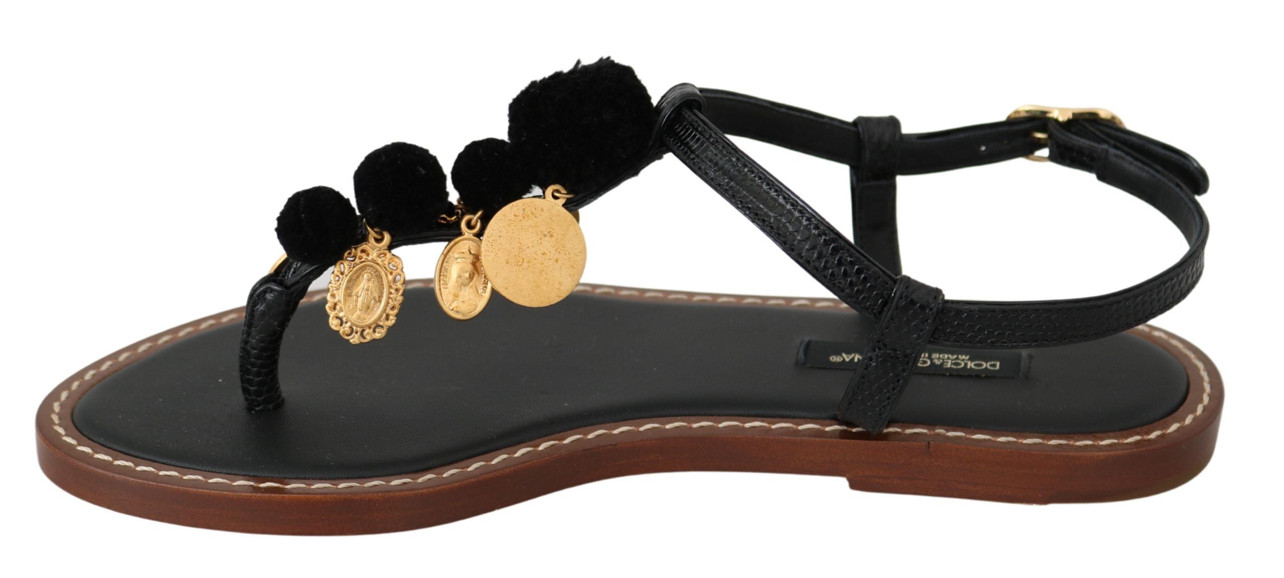 Dolce & Gabbana Black Leather Coin Flip Flops Sandals Shoes-3