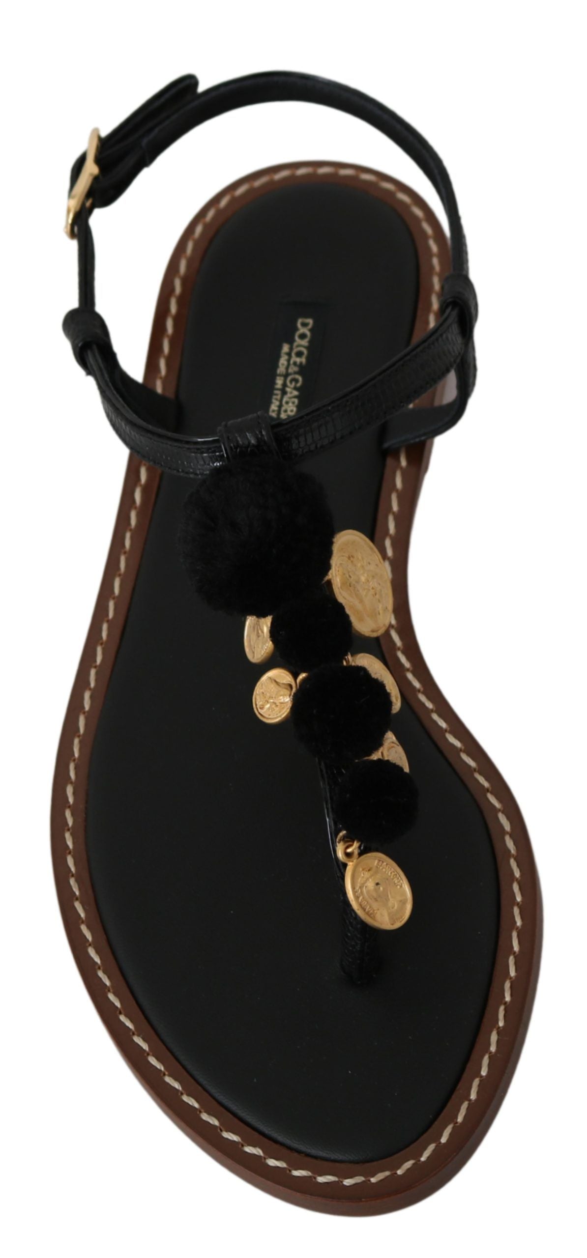 Dolce & Gabbana Black Leather Coin Flip Flops Sandals Shoes-5