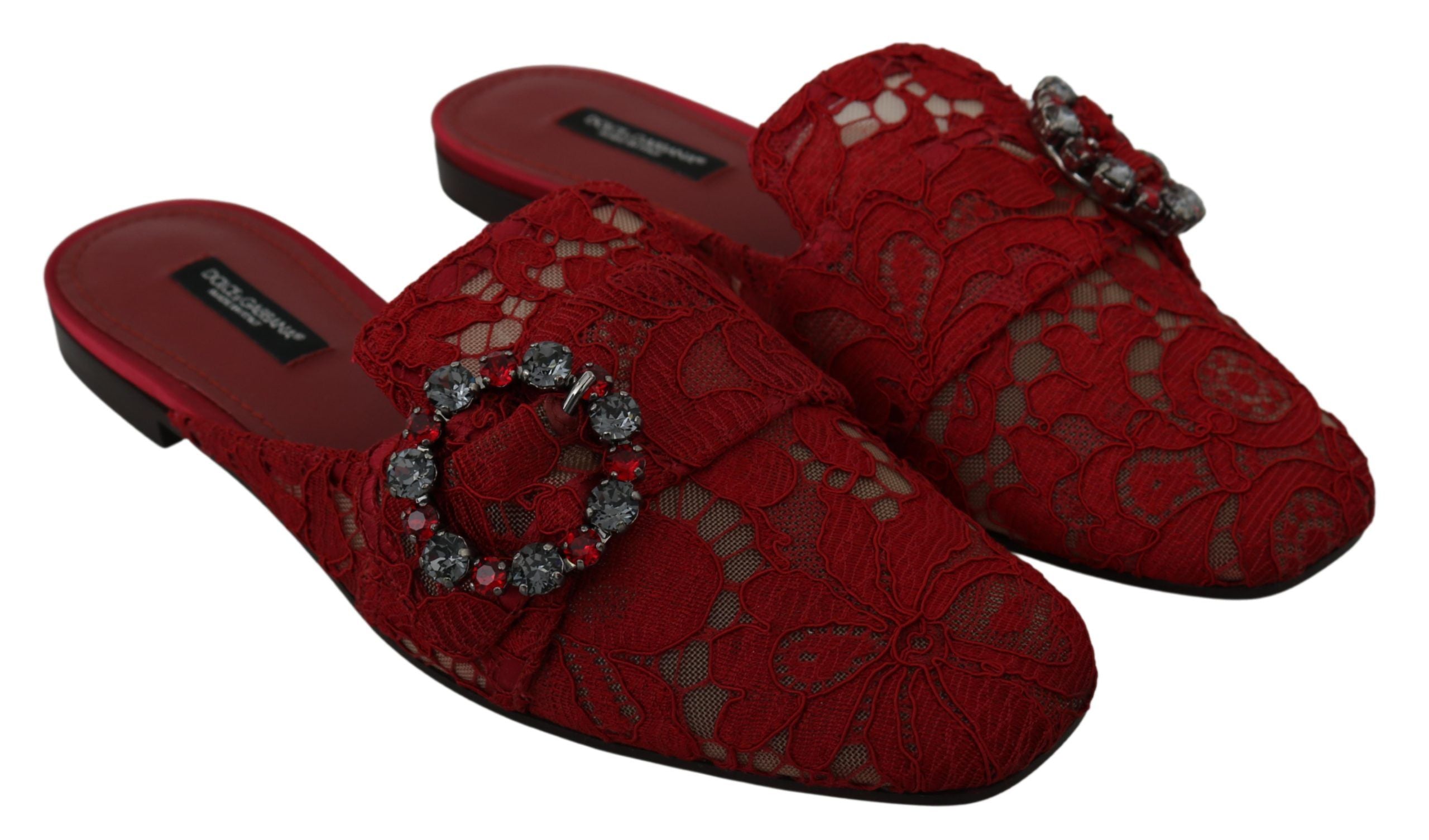 Dolce & Gabbana Rote Spitze Kristall Slide On Flats Schuhe-3
