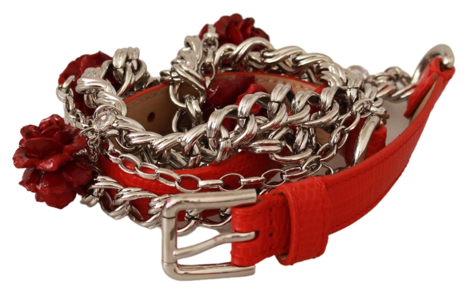 Dolce & Gabbana Red Leather Rose Floral Silver Waist Belt-2