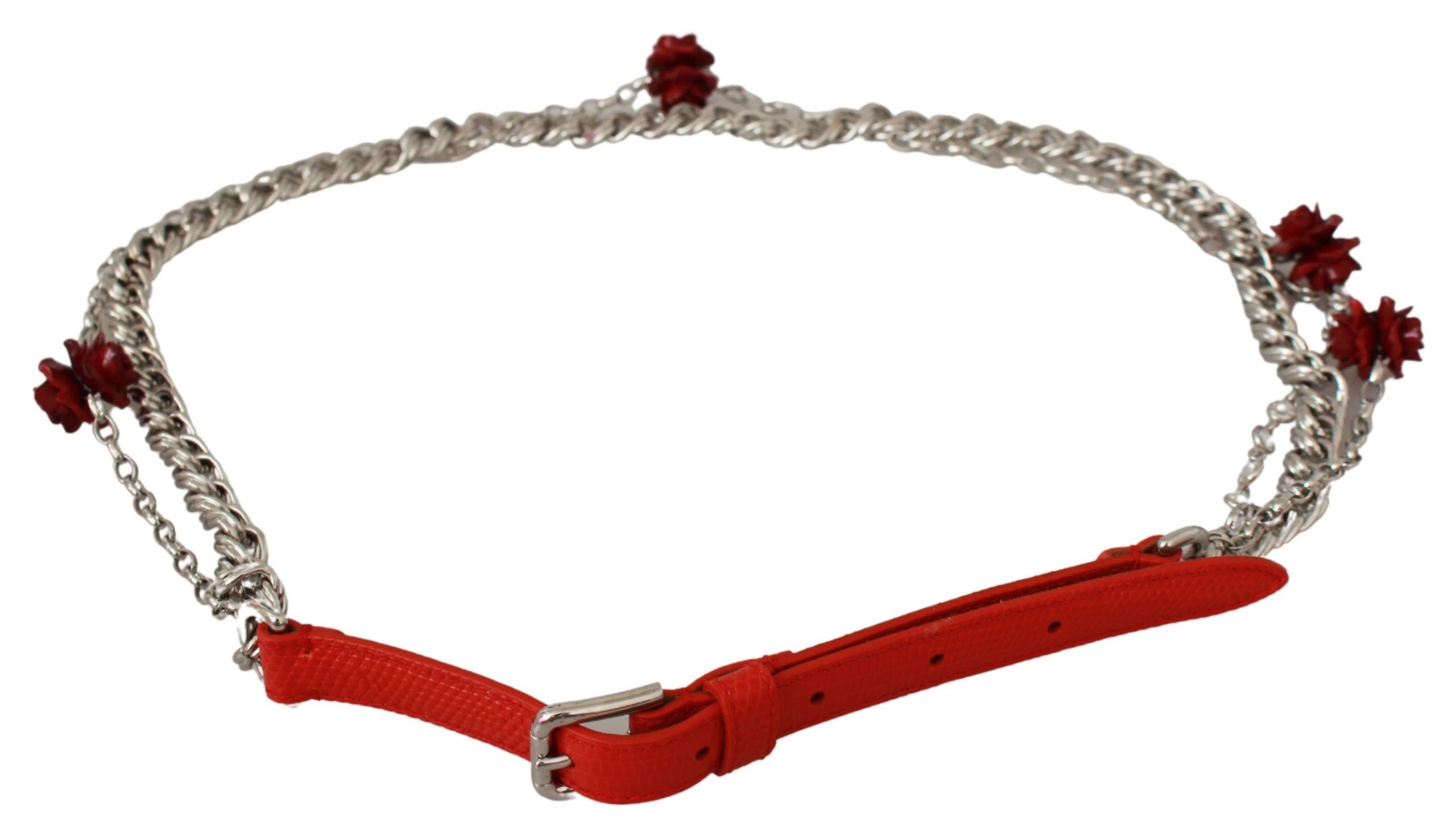 Dolce & Gabbana Red Leather Rose Floral Silver Waist Belt-3
