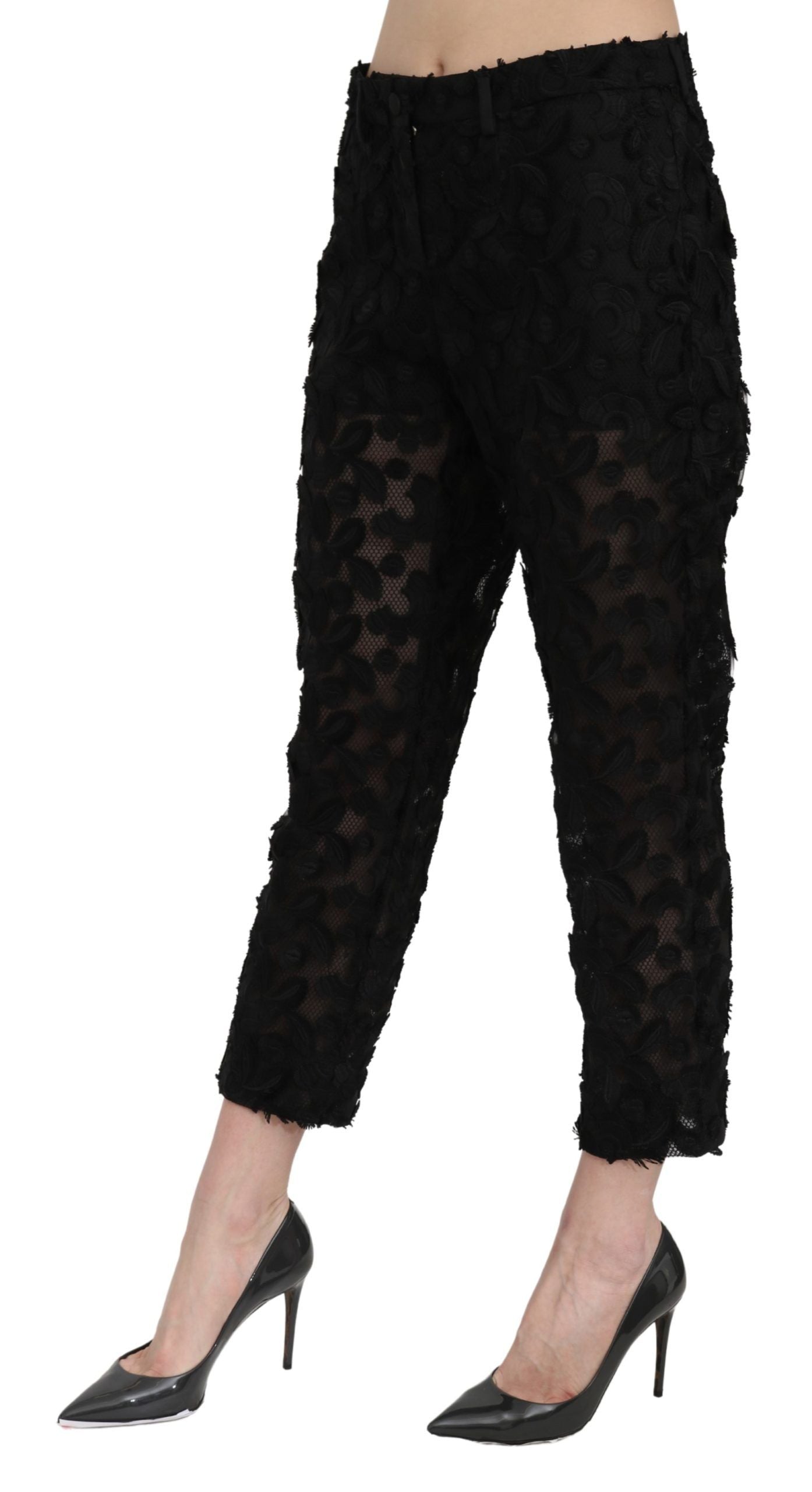 Dolce & Gabbana Black straight-cut high-waisted trousers in lace-2