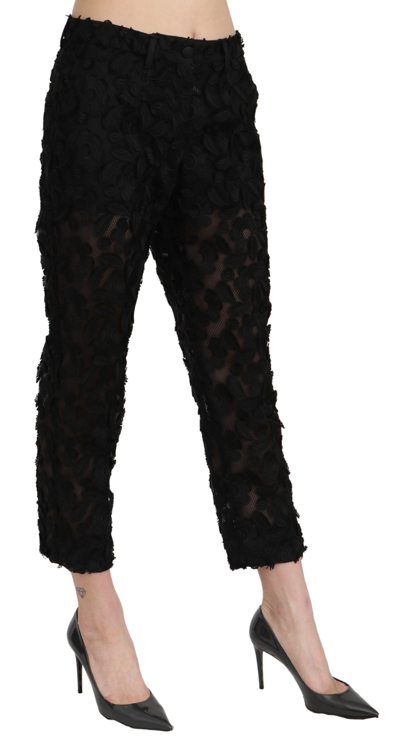 Dolce & Gabbana Black straight-cut high-waisted trousers in lace-4