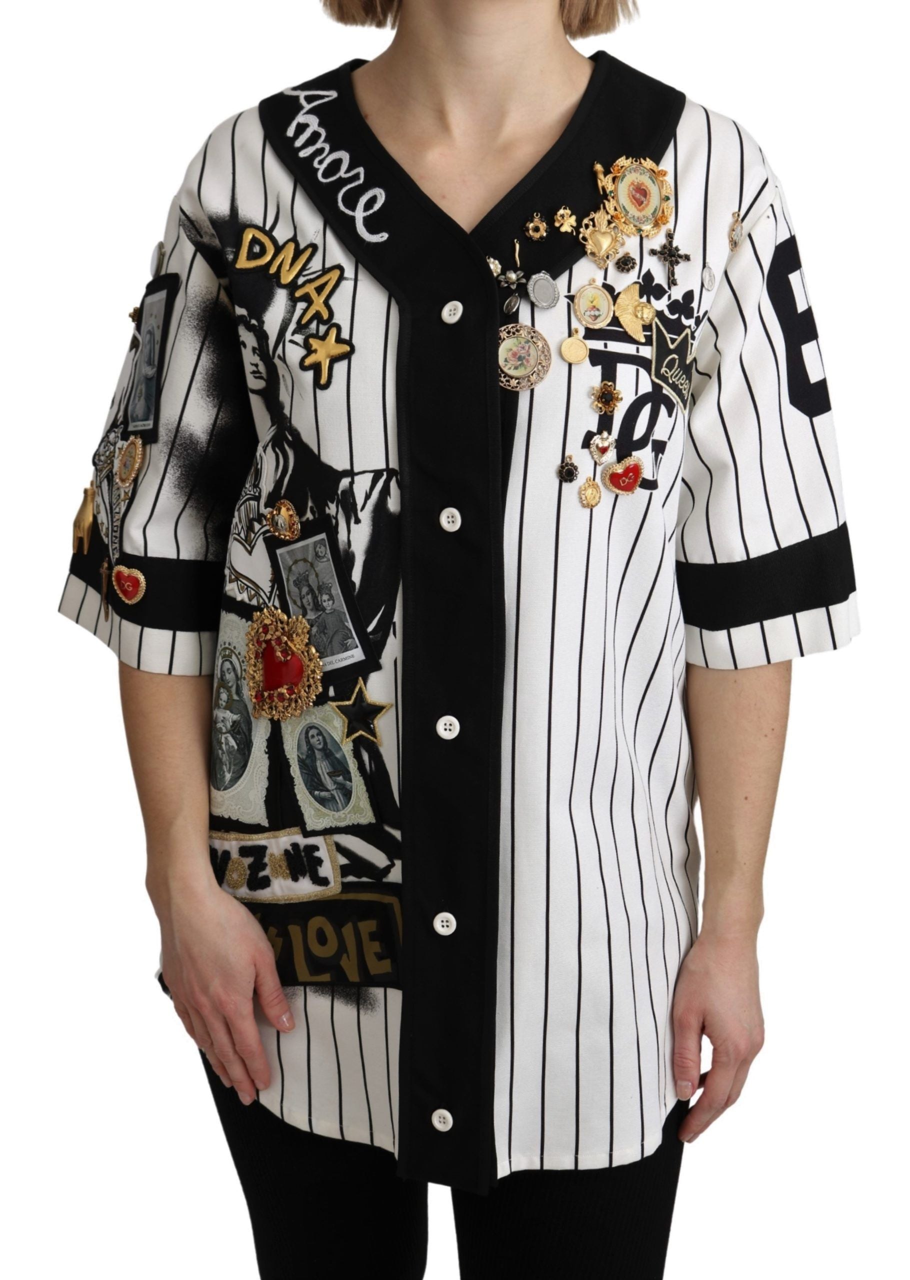 Blusa de algodón blanca y negra de Dolce & Gabbana con camisa Crystal Charms Amore