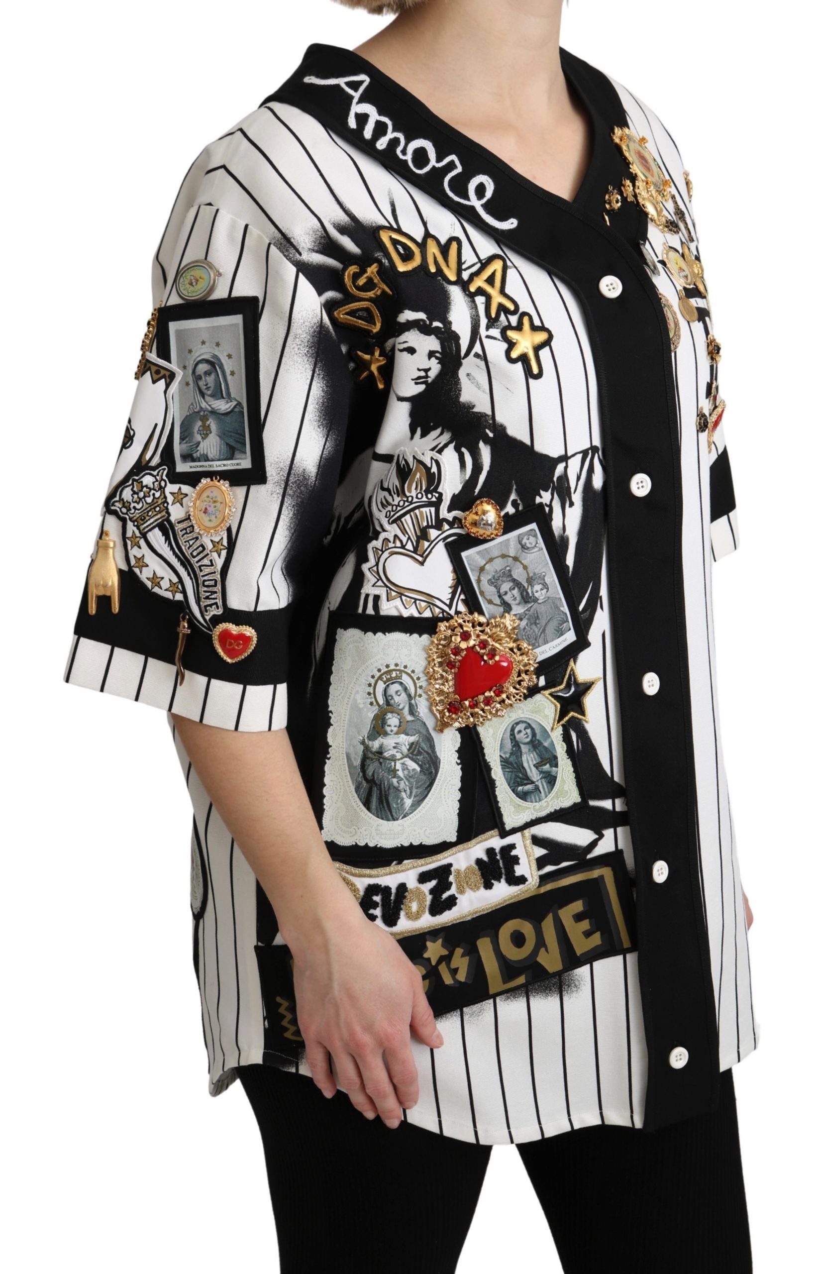 Blusa de algodón blanca y negra de Dolce & Gabbana con camisa Crystal Charms Amore-2
