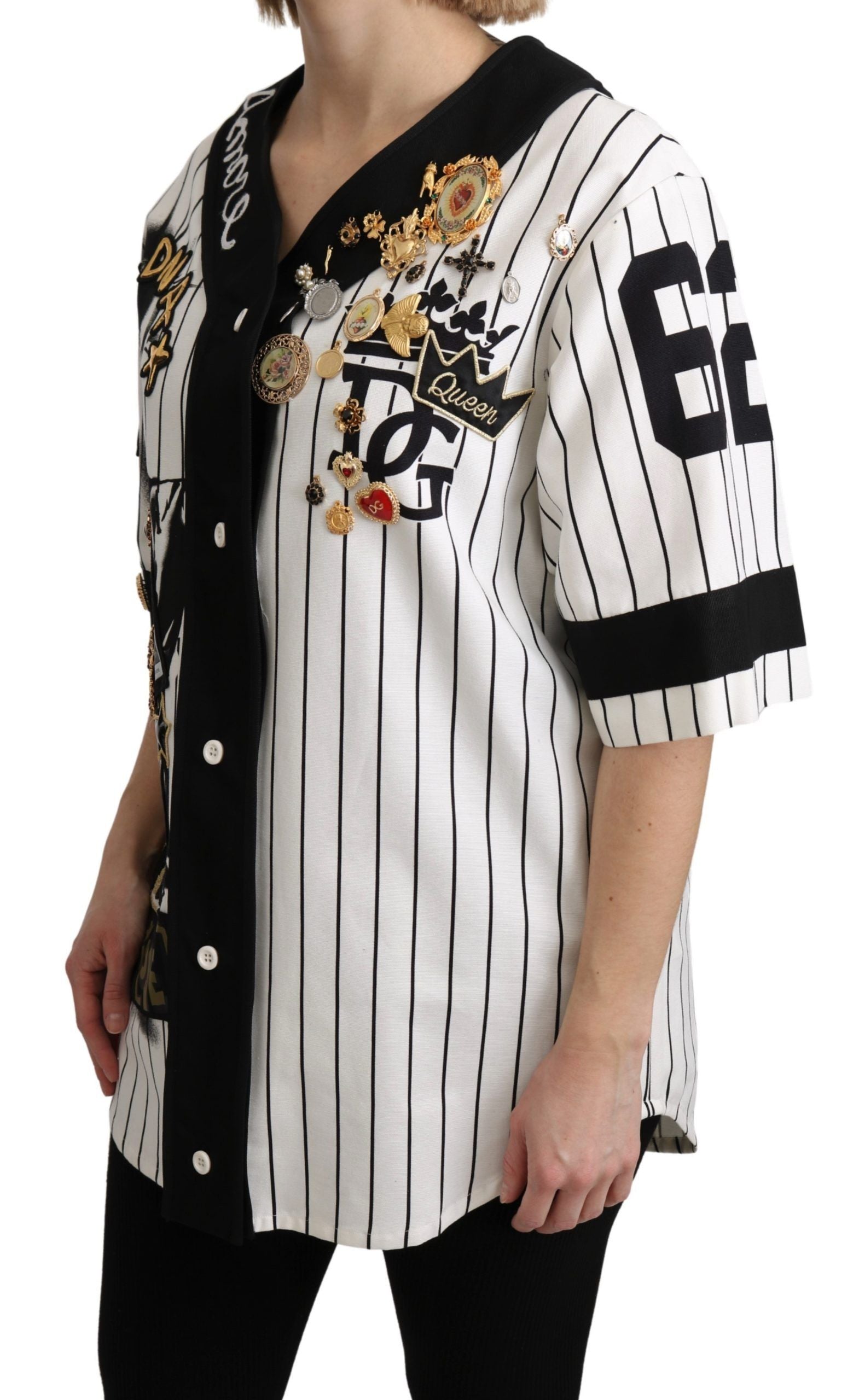 Blusa de algodón blanca y negra de Dolce & Gabbana con camisa Crystal Charms Amore-3