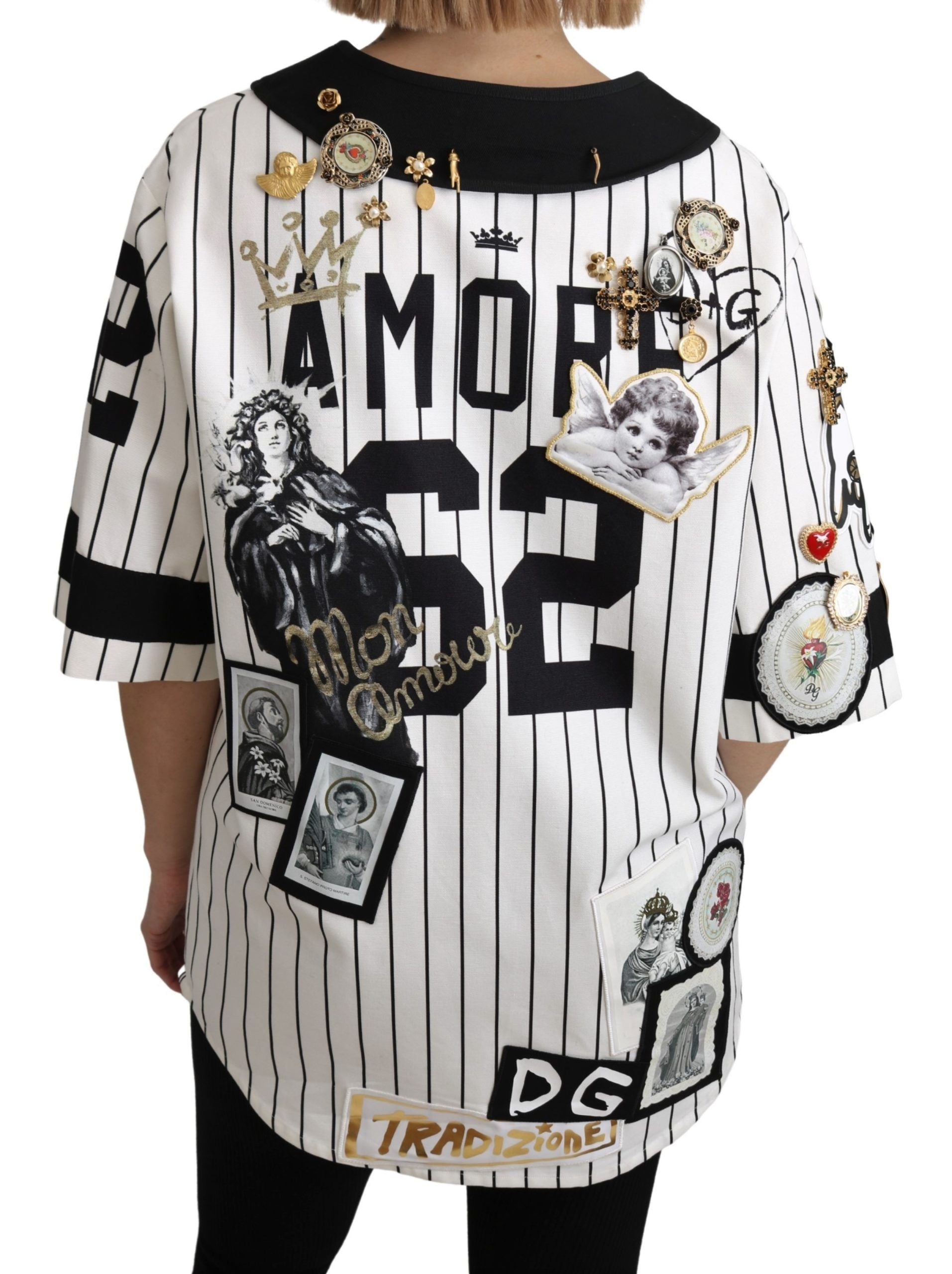 Blusa de algodón blanca y negra de Dolce & Gabbana con camisa Crystal Charms Amore-4