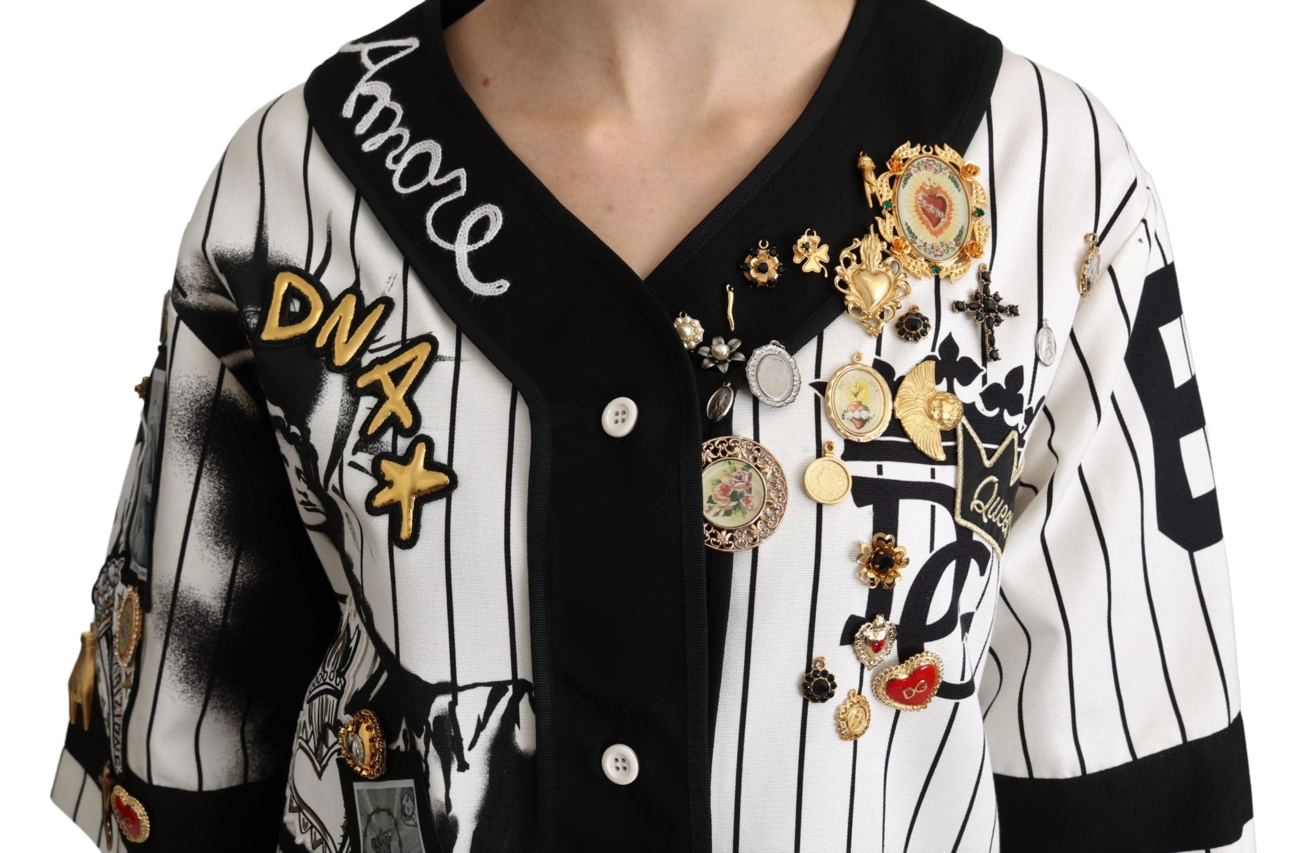 Blusa de algodón blanca y negra de Dolce & Gabbana con camisa Crystal Charms Amore-5