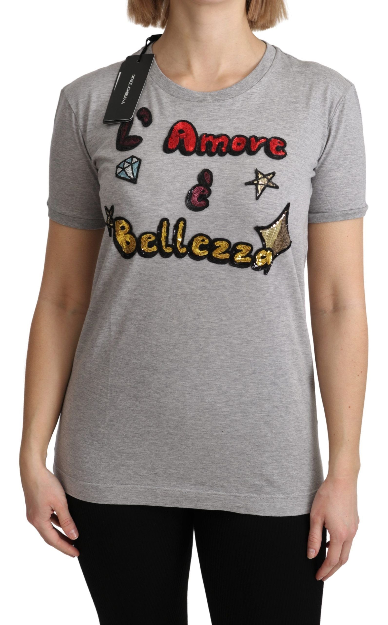 Dolce & Gabbana Graues Baumwoll-T-Shirt Amore e Bellezza-1