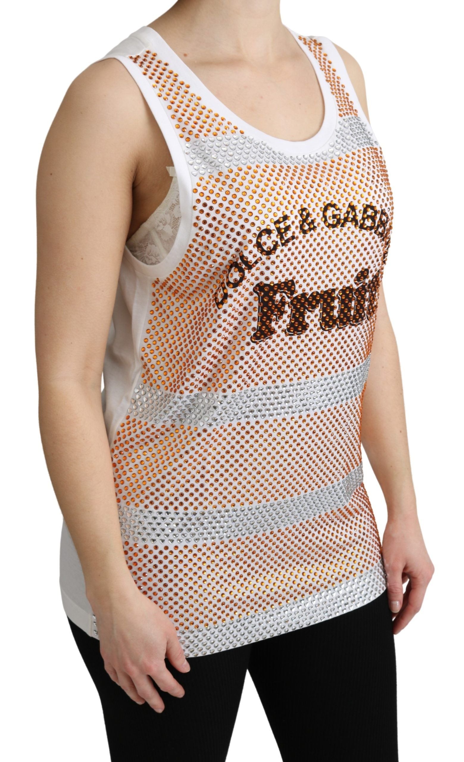 Dolce & Gabbana White Orange Crystal Sleeveless Tank Top Cotton-2