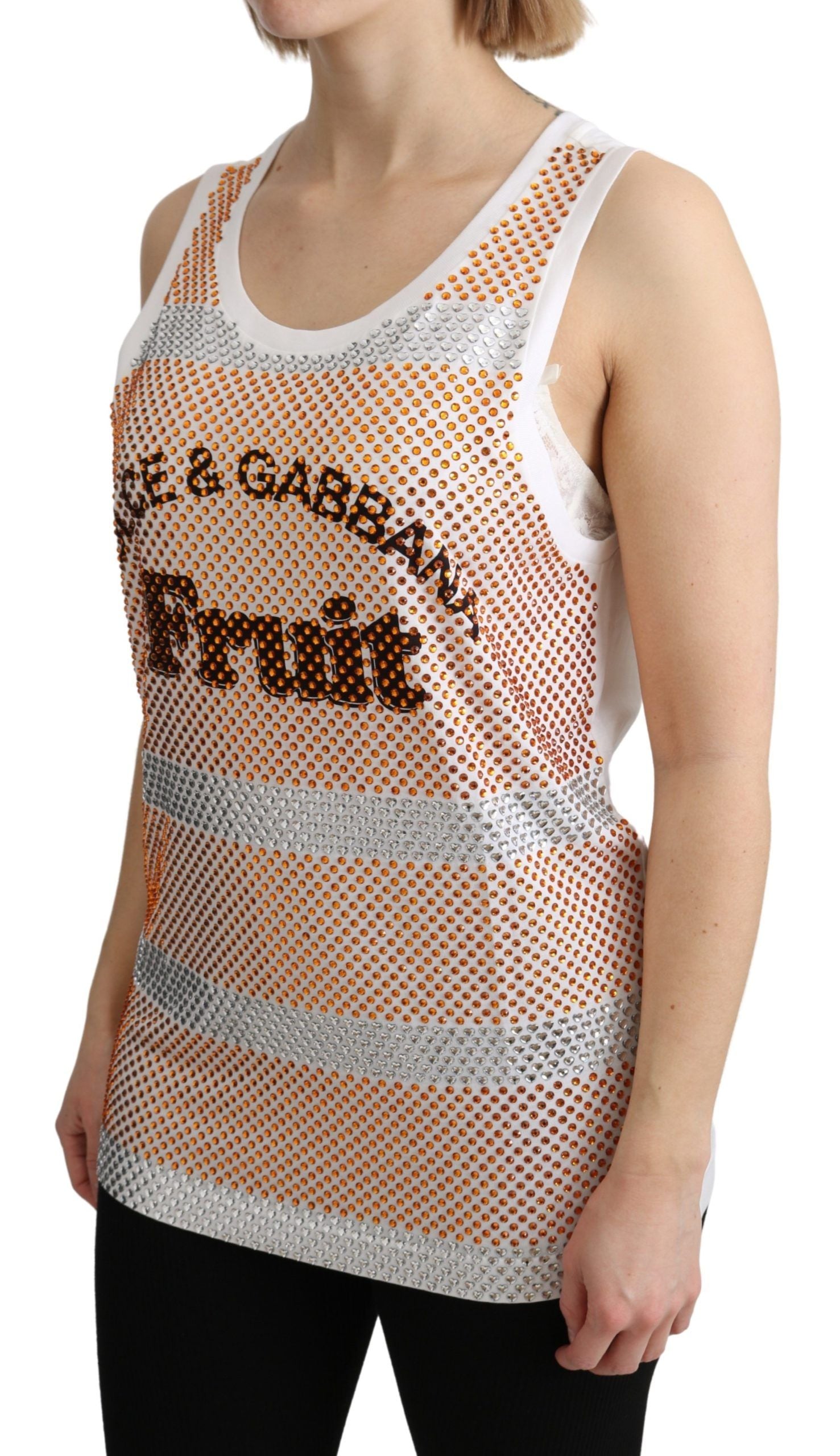 Dolce & Gabbana White Orange Crystal Sleeveless Tank Top Cotton-3