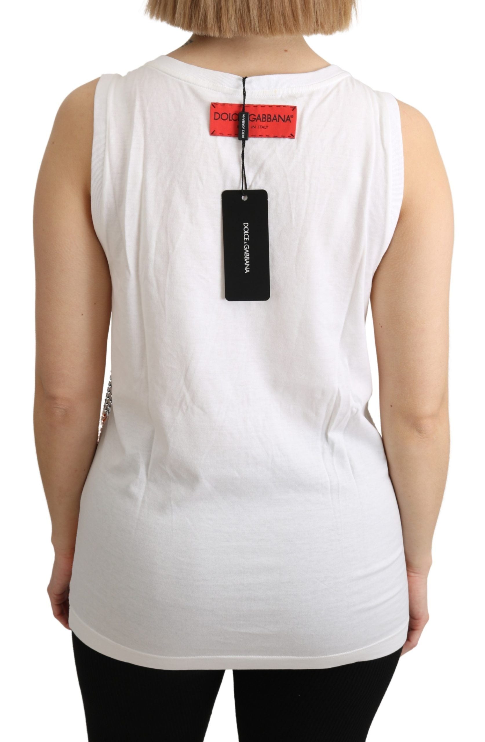 Dolce & Gabbana White Orange Crystal Sleeveless Tank Top Cotton-4
