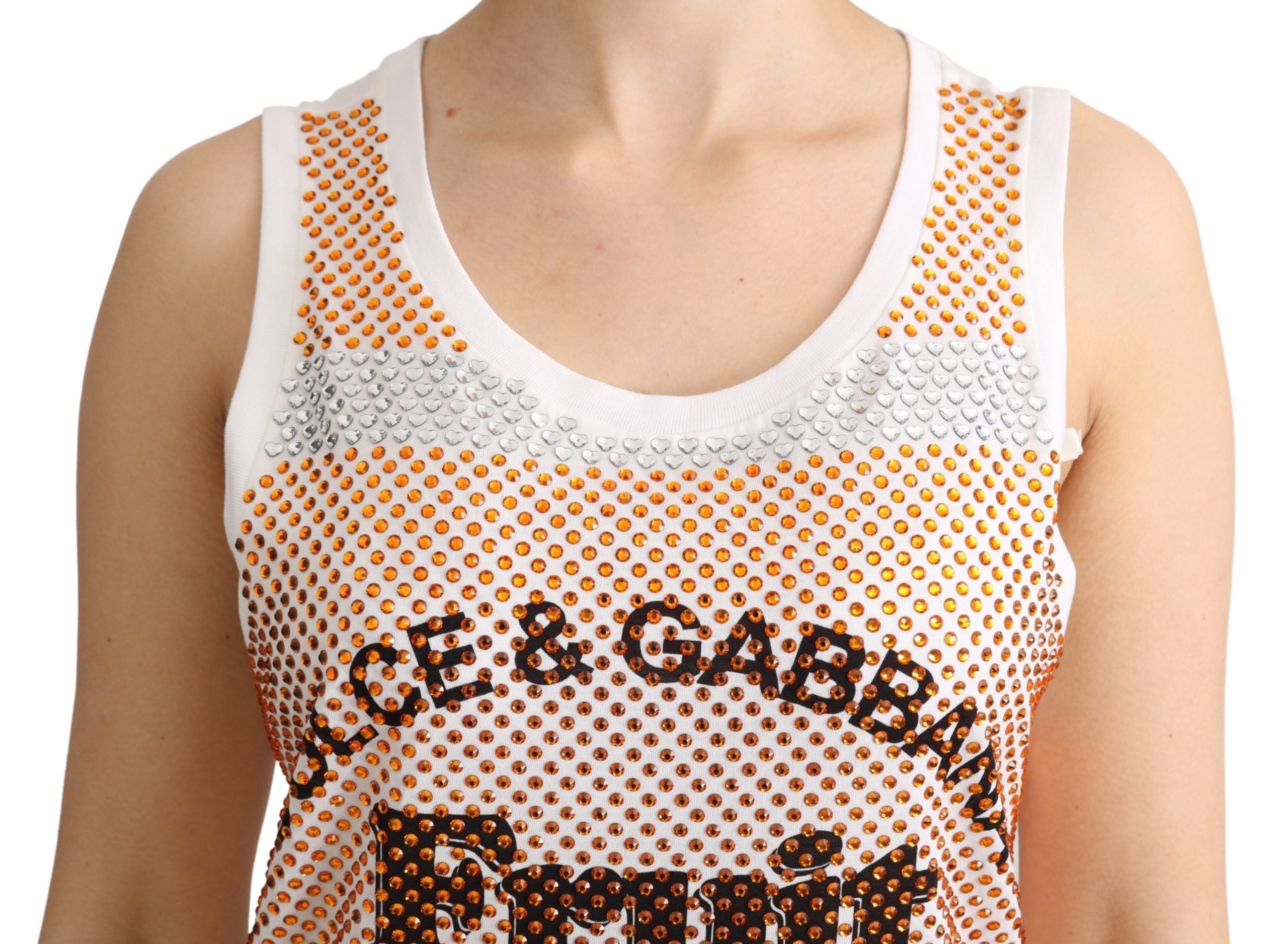Dolce & Gabbana White Orange Crystal Sleeveless Tank Top Cotton-5