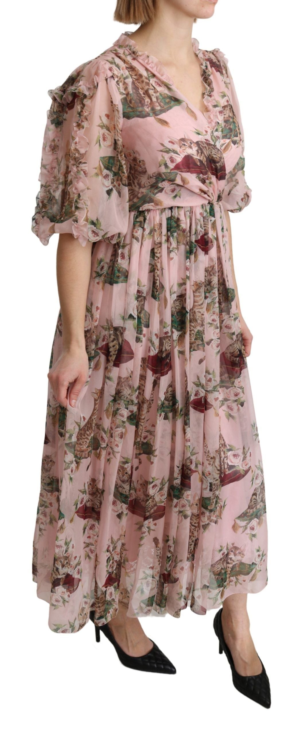 Dolce & Gabbana Pink Bengal Cat A-Line Maxi Dress in Silk-2