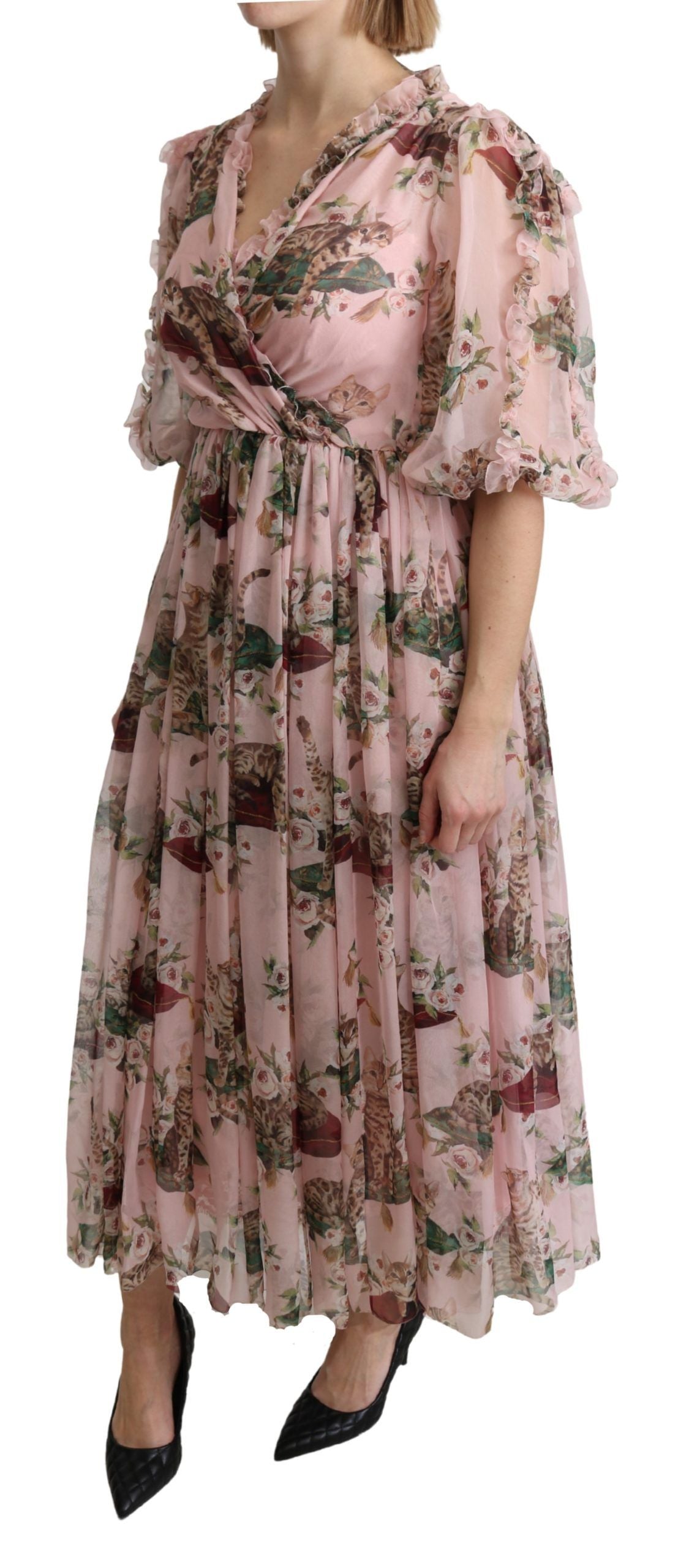 Dolce & Gabbana Pink Bengal Cat A-Line Maxi Dress in Silk-3