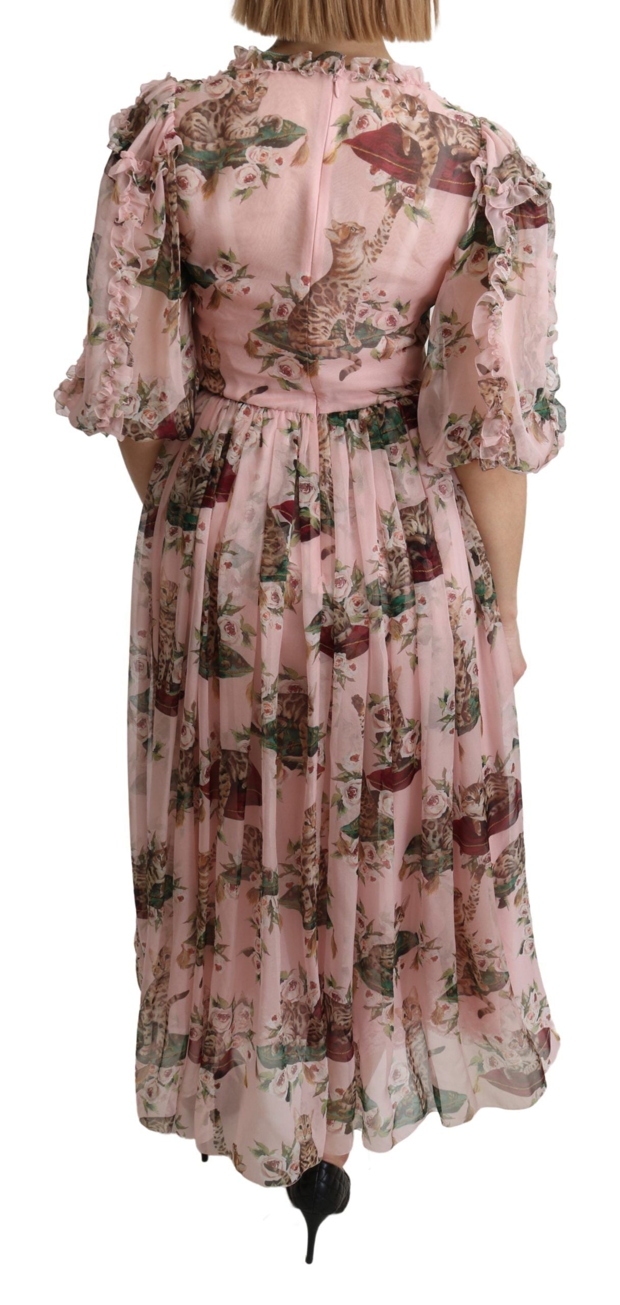 Dolce & Gabbana Pink Bengal Cat A-Line Maxi Dress in Silk-4