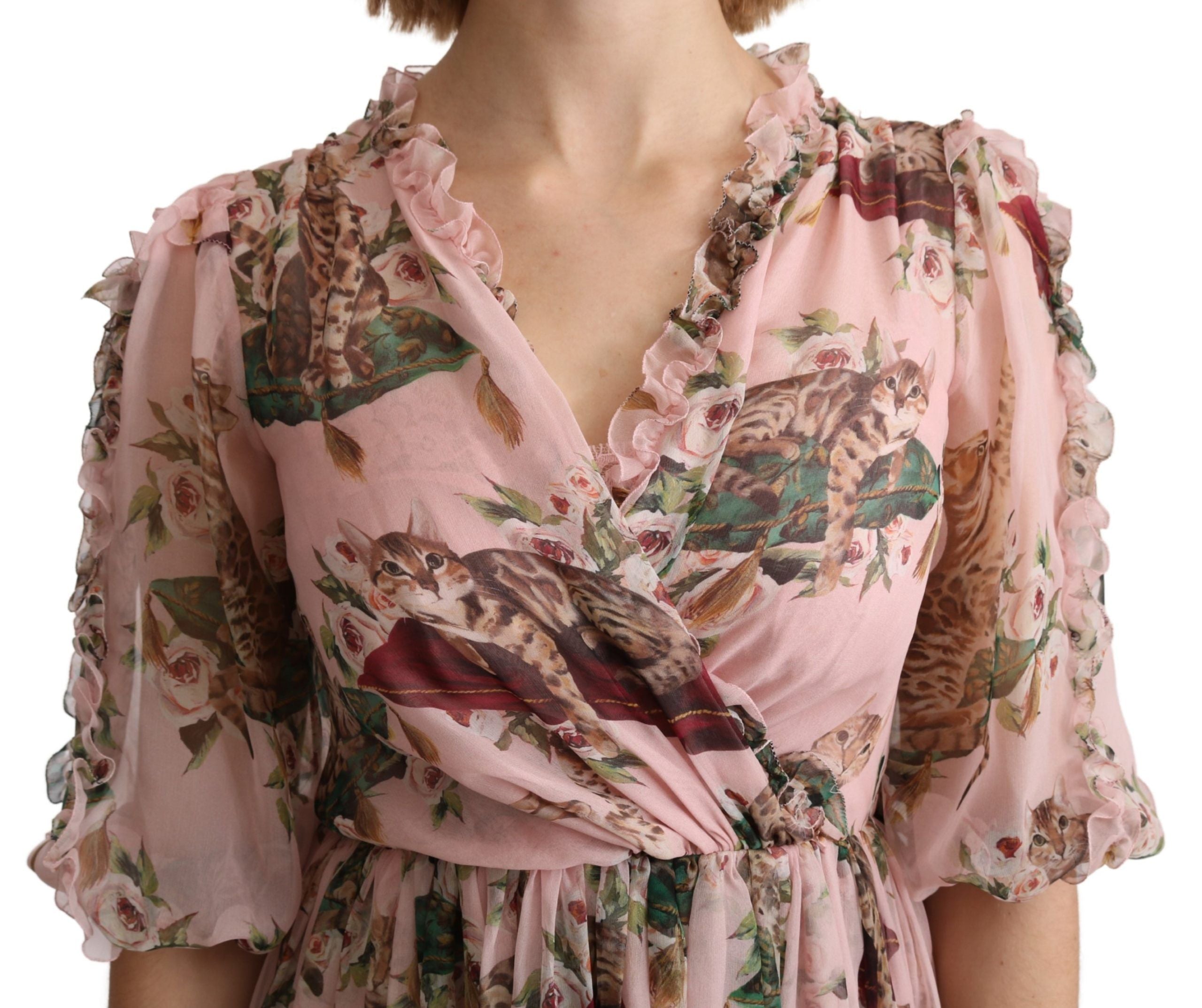 Dolce & Gabbana Pink Bengal Cat A-Line Maxi Dress in Silk-5