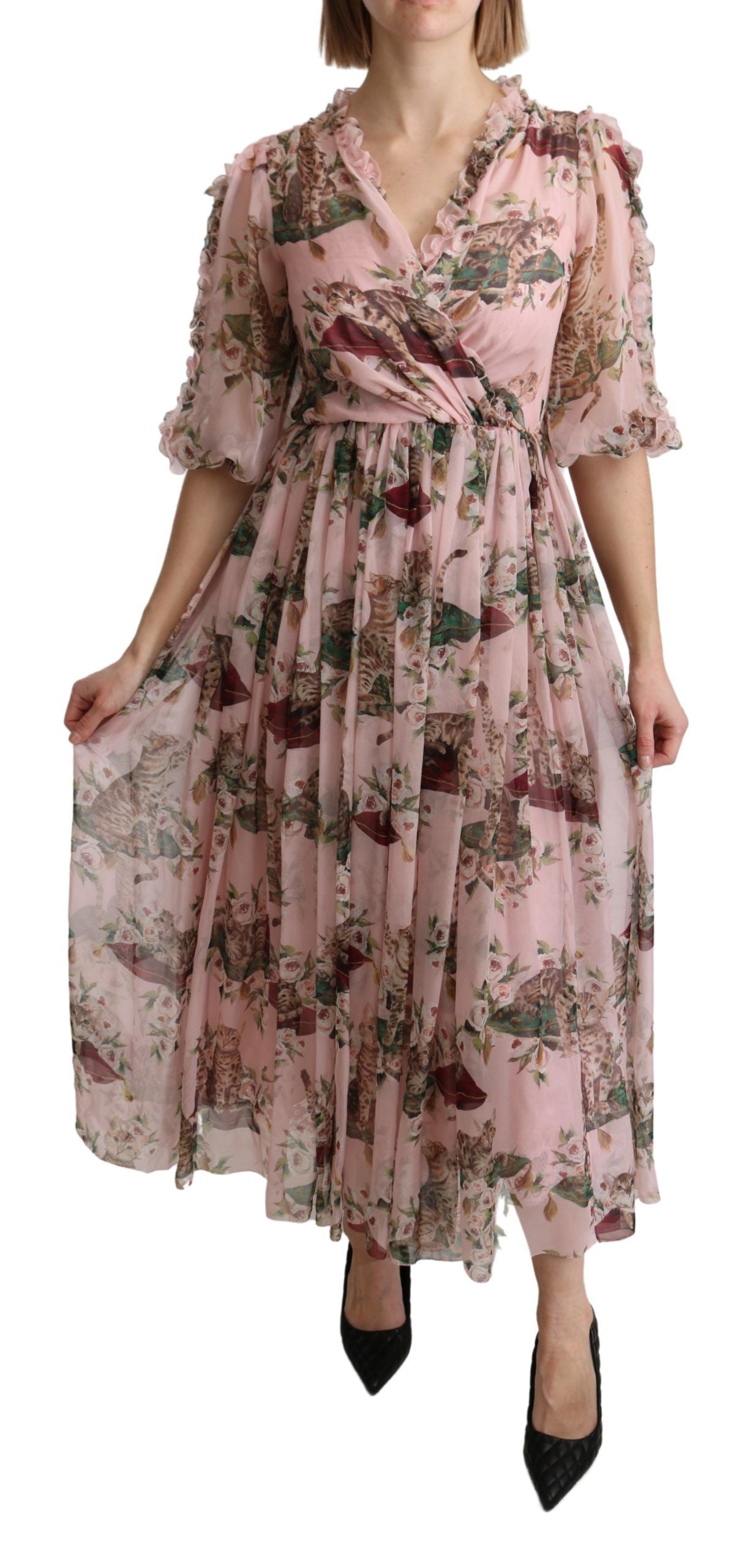 Dolce & Gabbana Pink Bengal Cat A-Line Maxi Dress in Silk-1