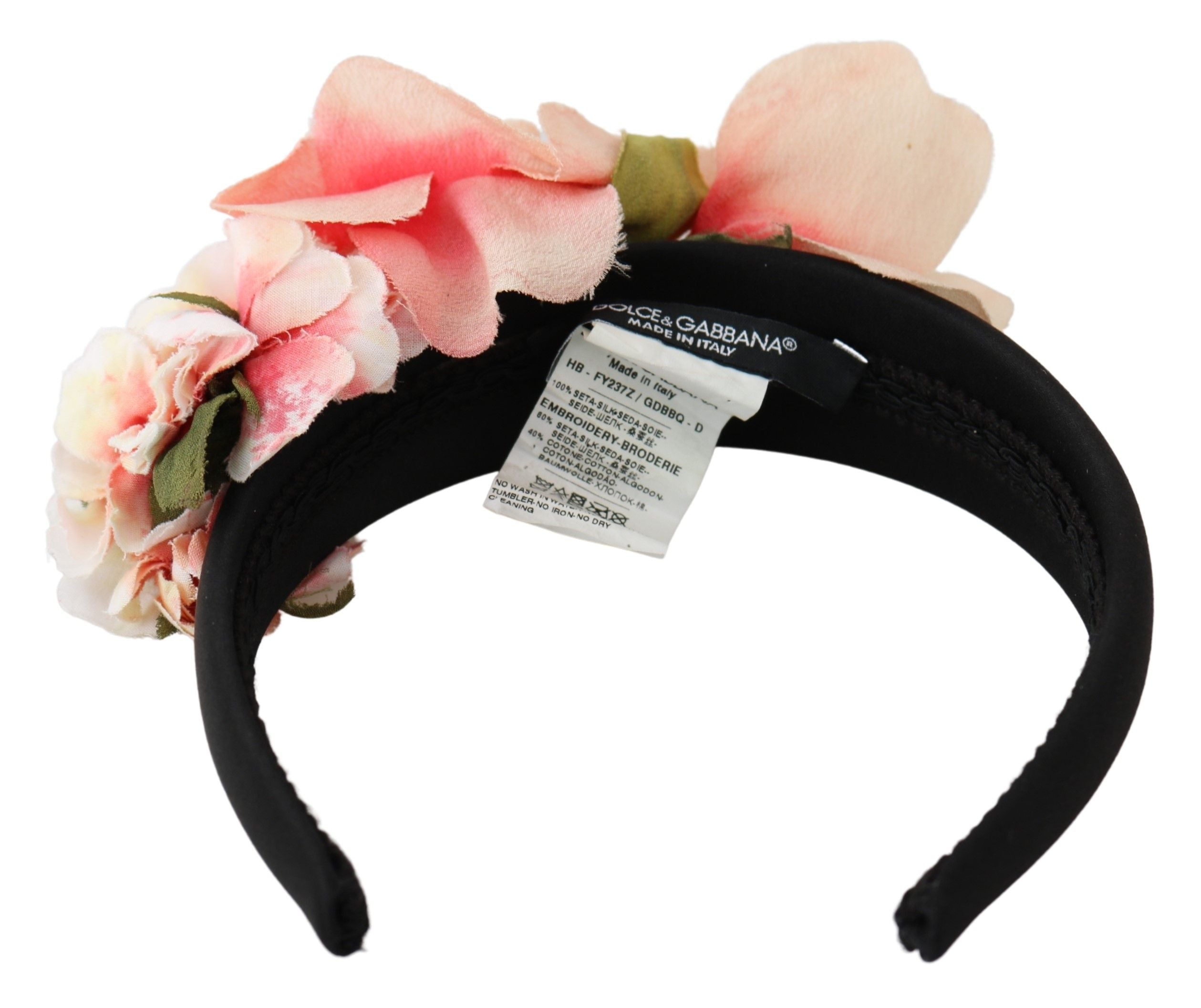 Dolce & Gabbana Pink Silk Black Floral Headband Logo Tiara-5