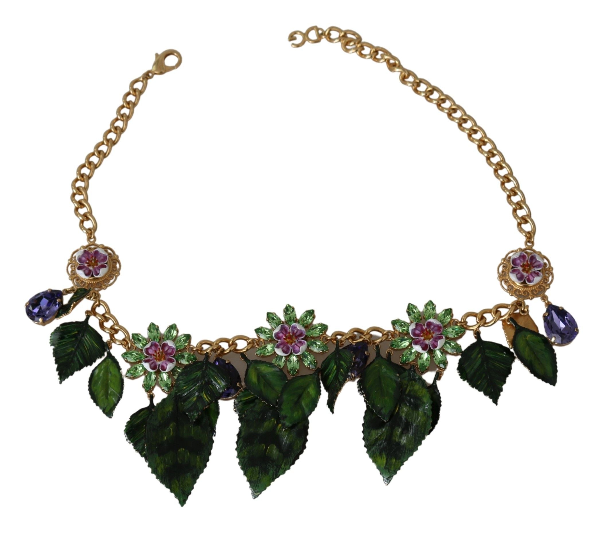 Dolce & Gabbana Green Leaves Gold Brass Crystal Flower Pendant Necklace-3