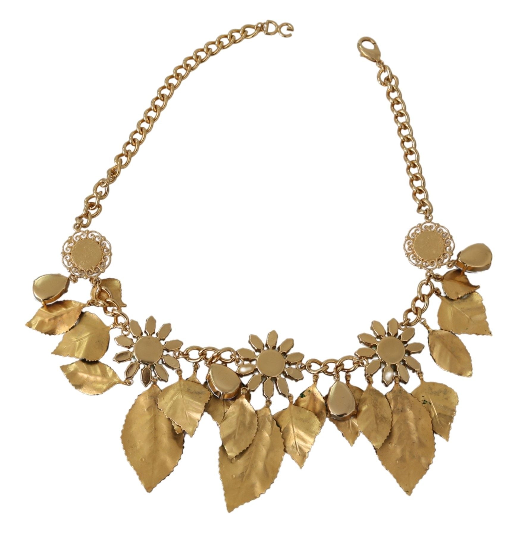 Dolce & Gabbana Green Leaves Gold Brass Crystal Flower Pendant Necklace-4