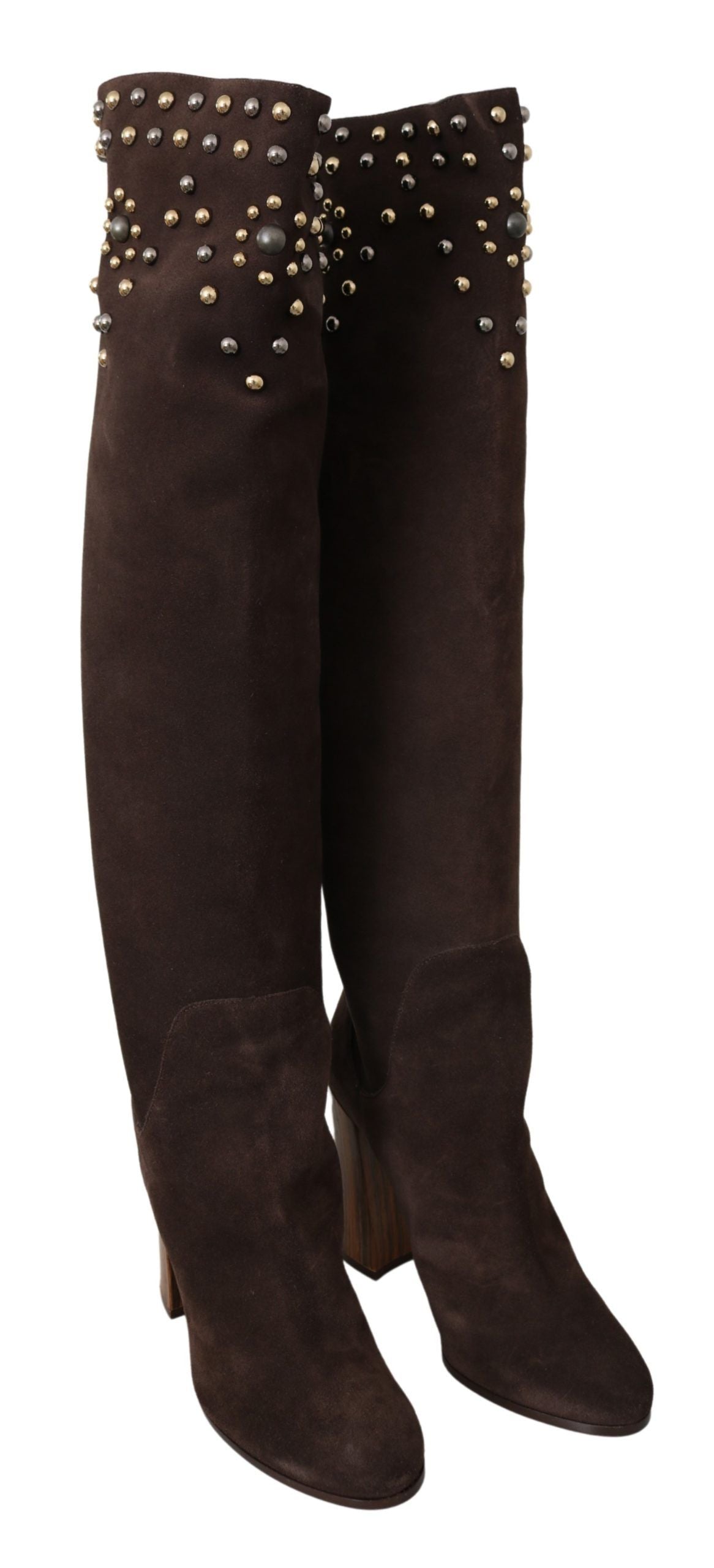 Botas hasta la rodilla con tachuelas de ante marrón de Dolce & Gabbana-5