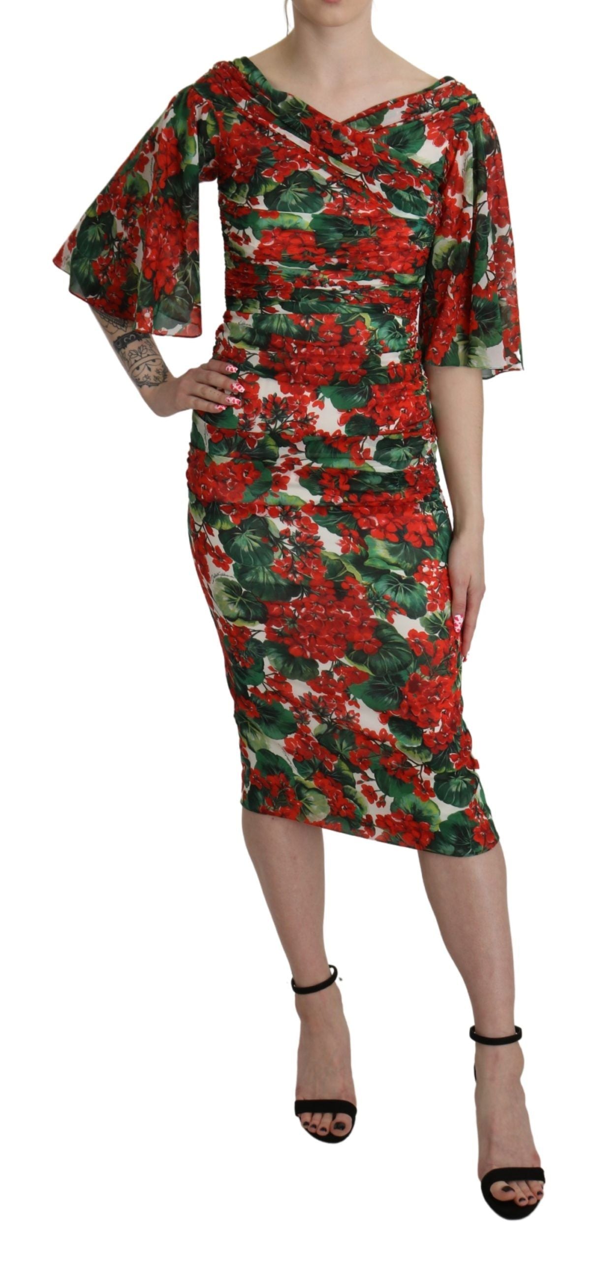 Vestido midi elástico de seda con estampado floral rojo de Dolce & Gabbana-2