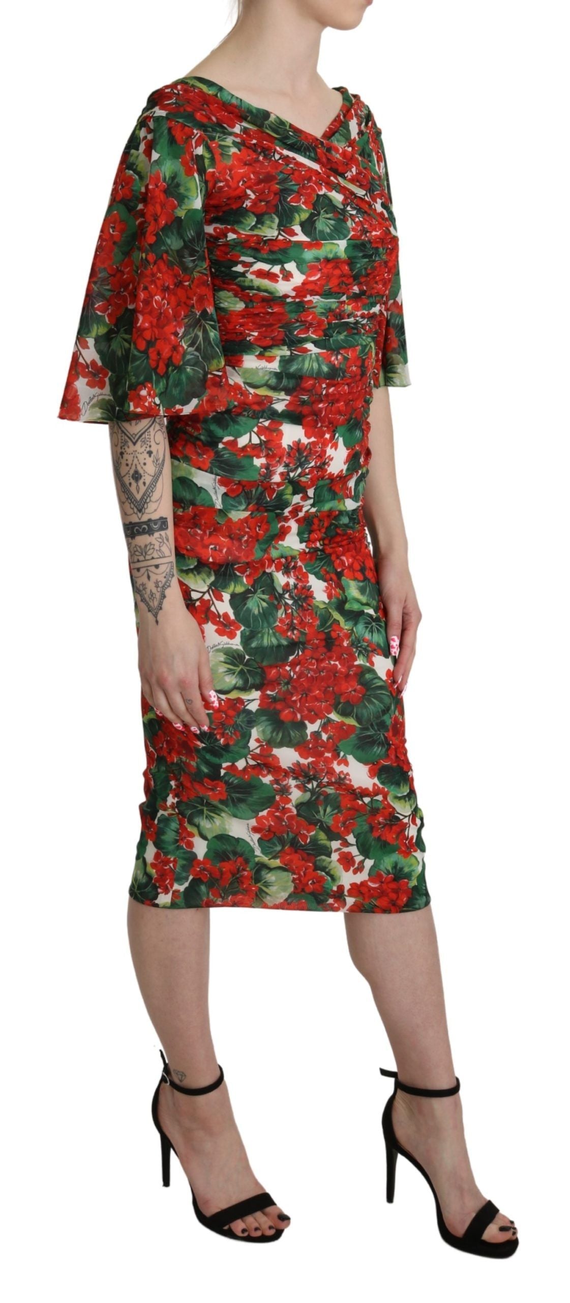 Vestido midi elástico de seda con estampado floral rojo de Dolce & Gabbana-3