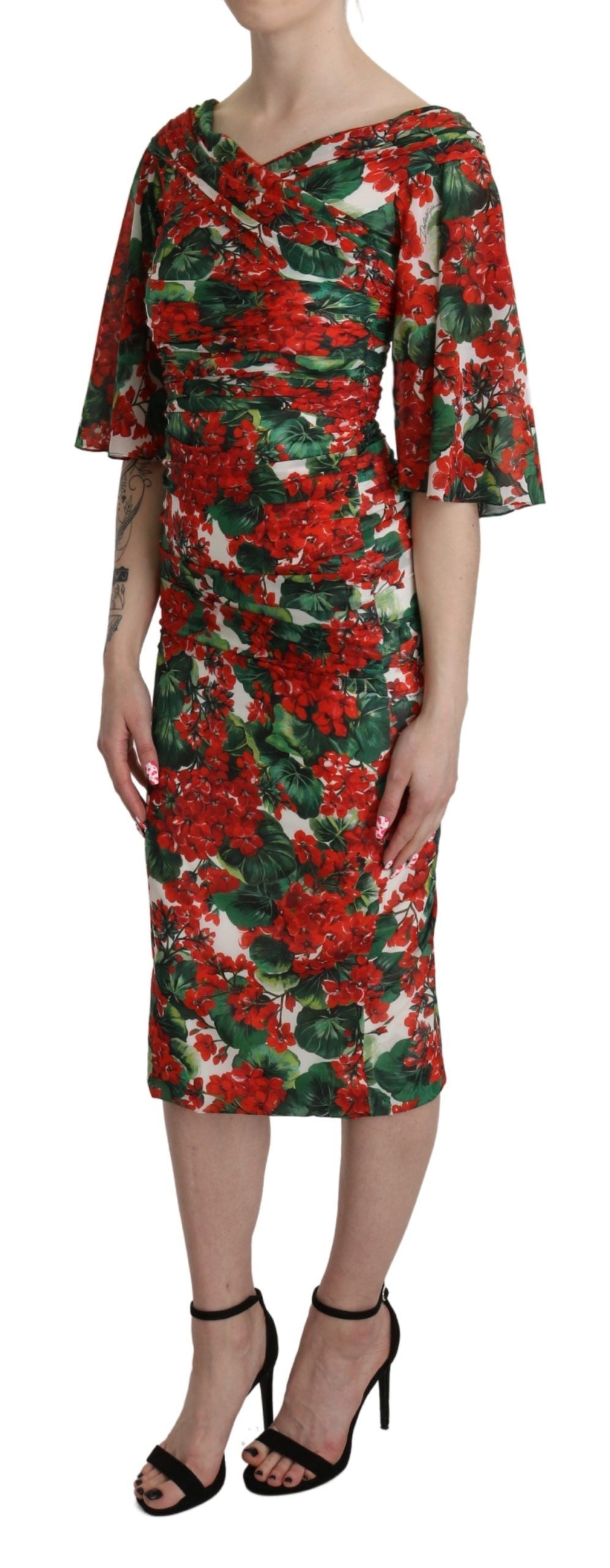 Vestido midi elástico de seda con estampado floral rojo de Dolce & Gabbana-1