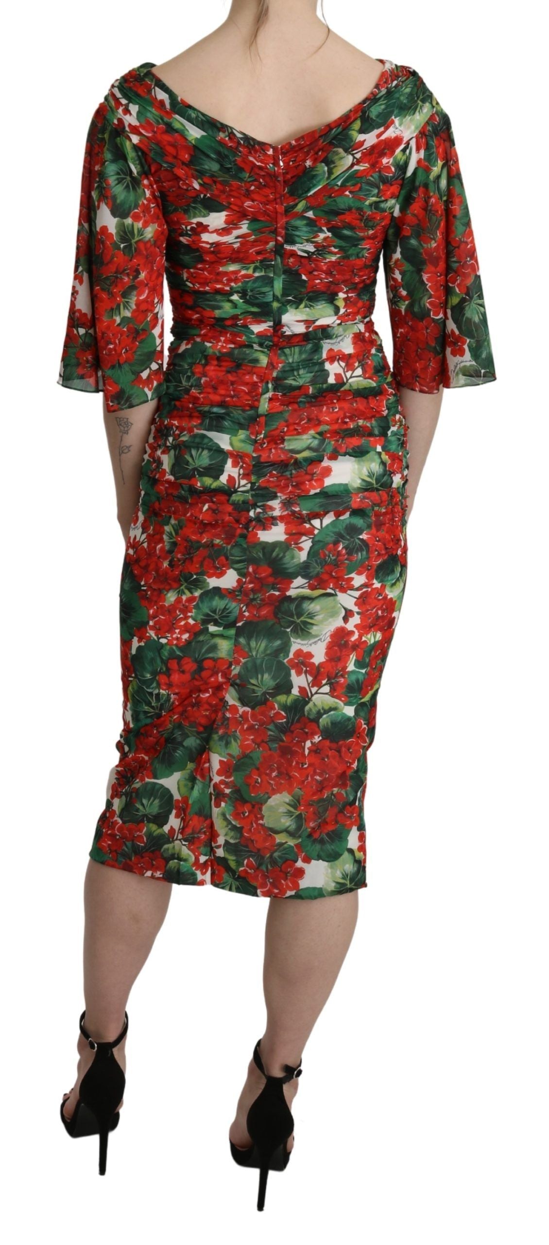 Vestido midi elástico de seda con estampado floral rojo de Dolce & Gabbana-4