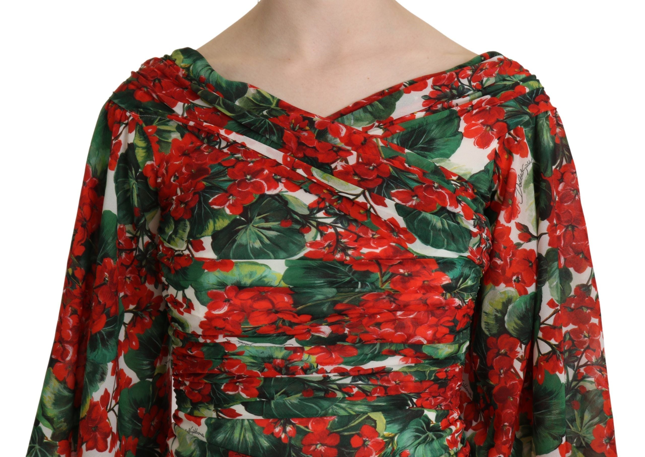 Vestido midi elástico de seda con estampado floral rojo de Dolce & Gabbana-5
