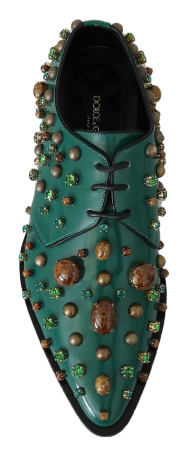 Dolce & Gabbana Grünes Leder Kristall Kleid Broque Schuhe-3