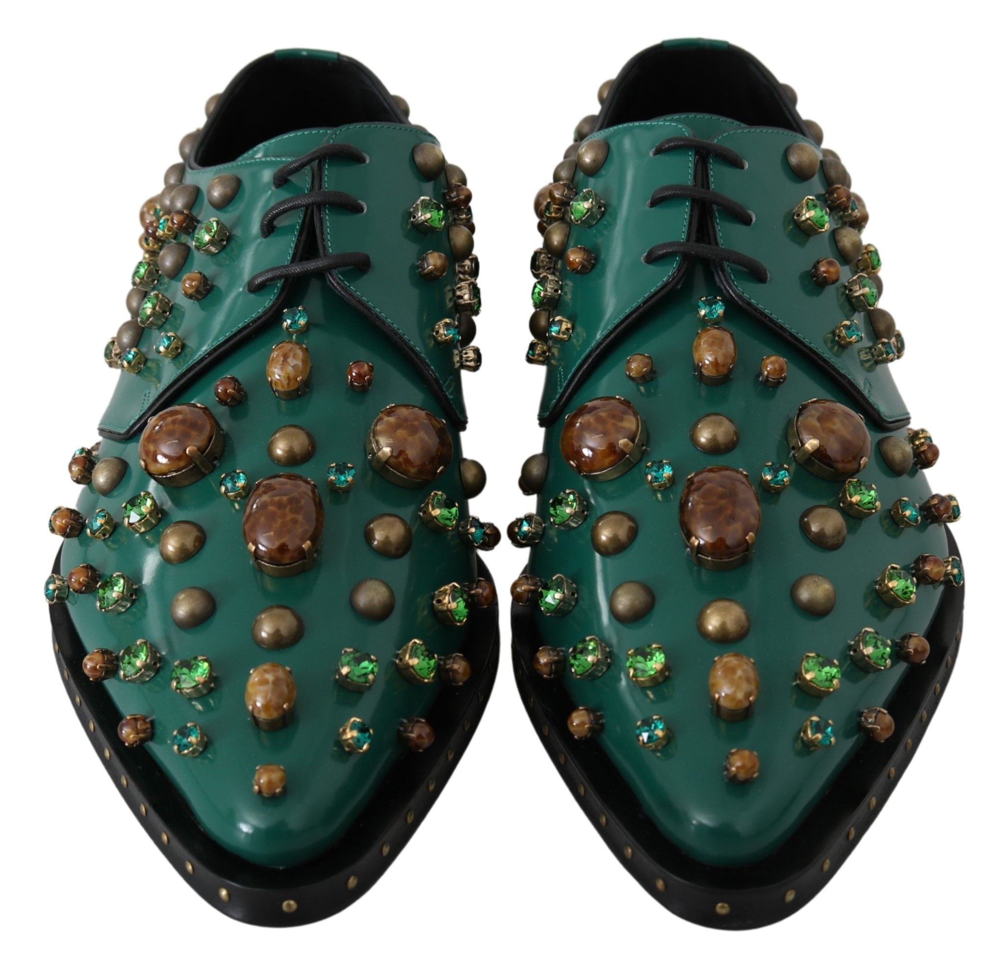 Dolce & Gabbana Grünes Leder Kristall Kleid Broque Schuhe-4