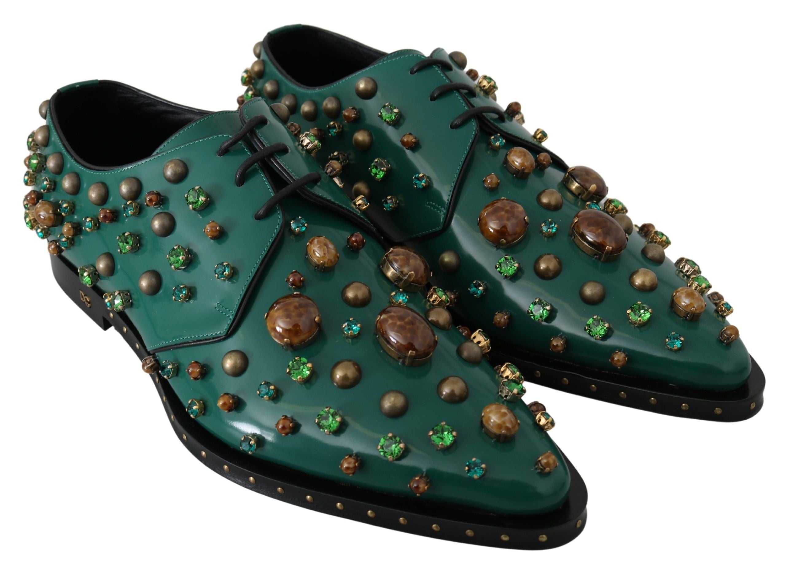 Dolce & Gabbana Grünes Leder Kristall Kleid Broque Schuhe-5