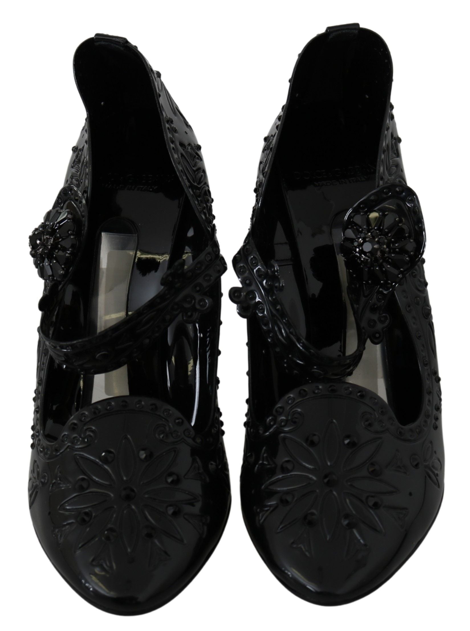 Dolce & Gabbana Black Floral Crystal Cinderella Heels Shoes-3