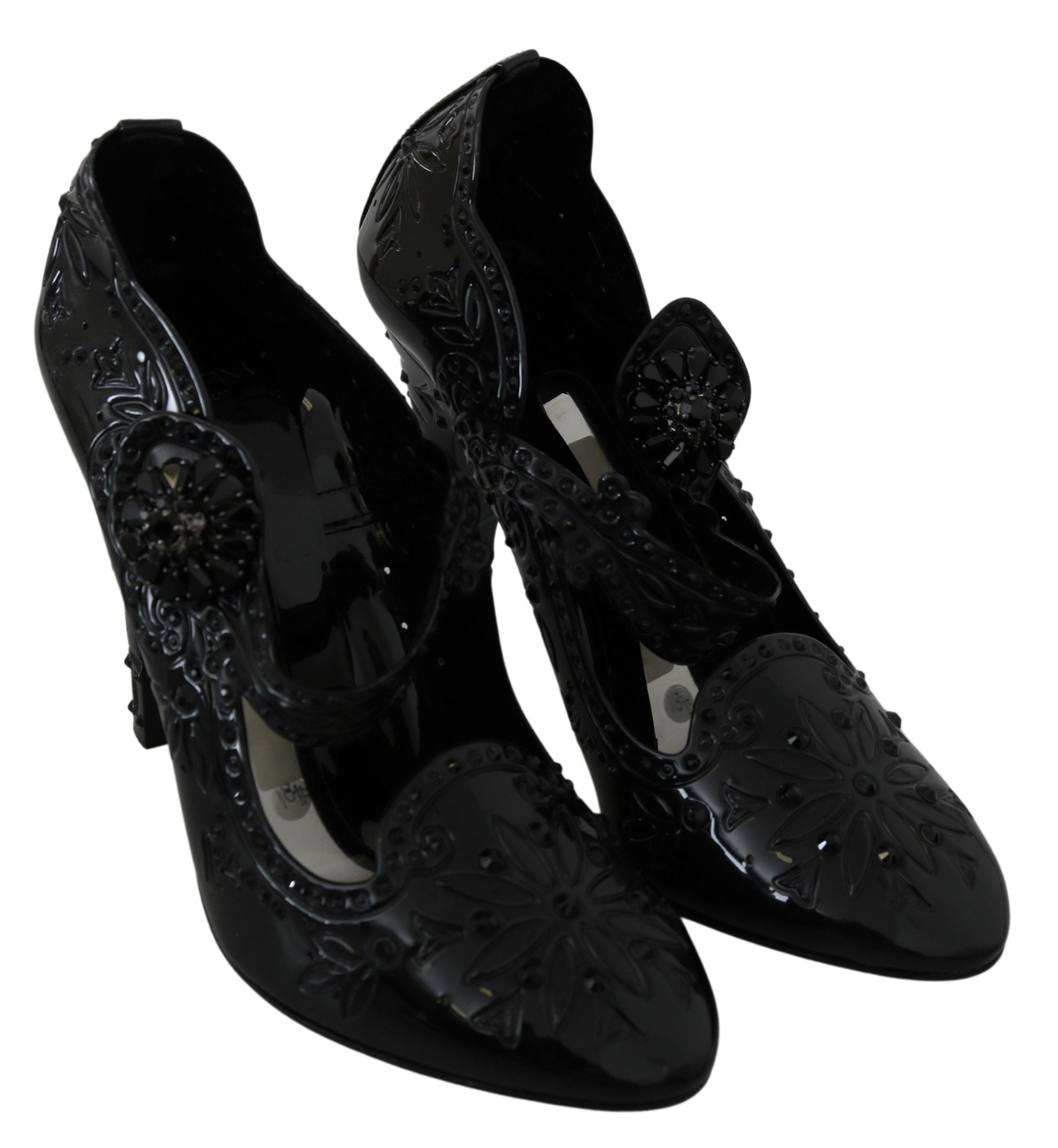 Dolce & Gabbana Black Floral Crystal Cinderella Heels Shoes-4