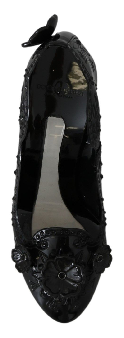 Dolce & Gabbana Black Floral Crystal Cinderella Heels Shoes-3