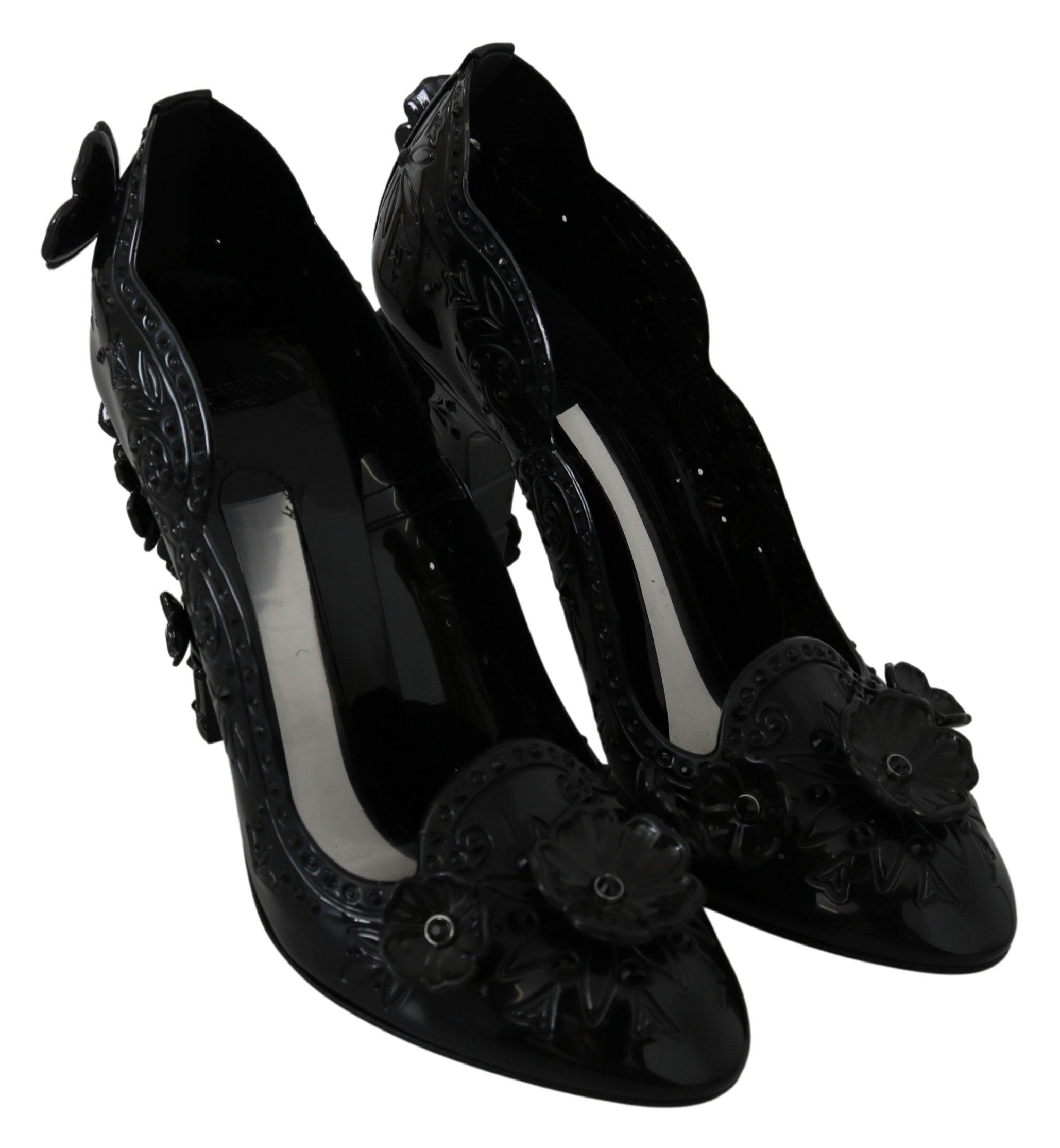 Dolce & Gabbana Black Floral Crystal Cinderella Heels Shoes-5