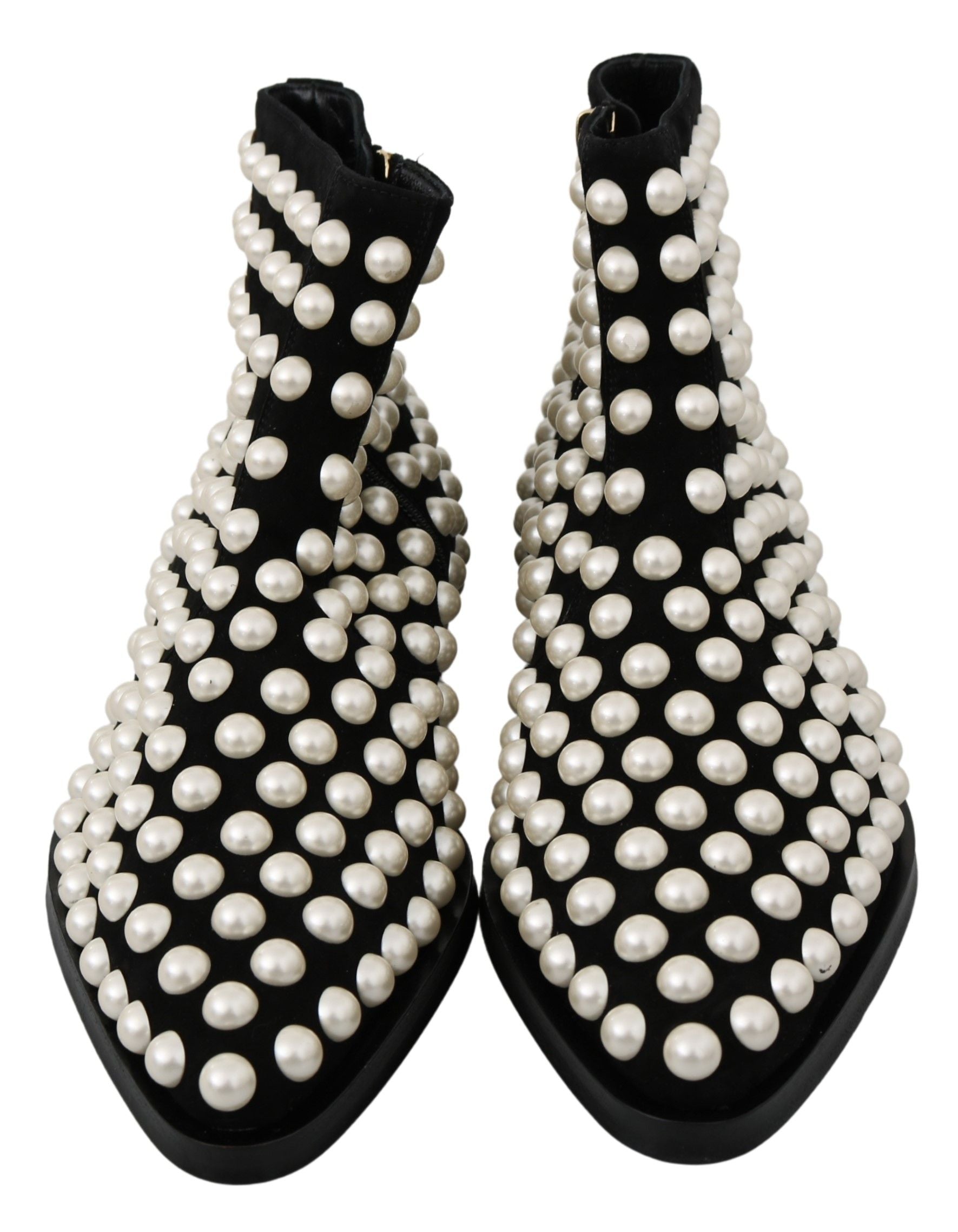 Dolce & Gabbana Black Suede Pearl Studded Boots Shoes-4