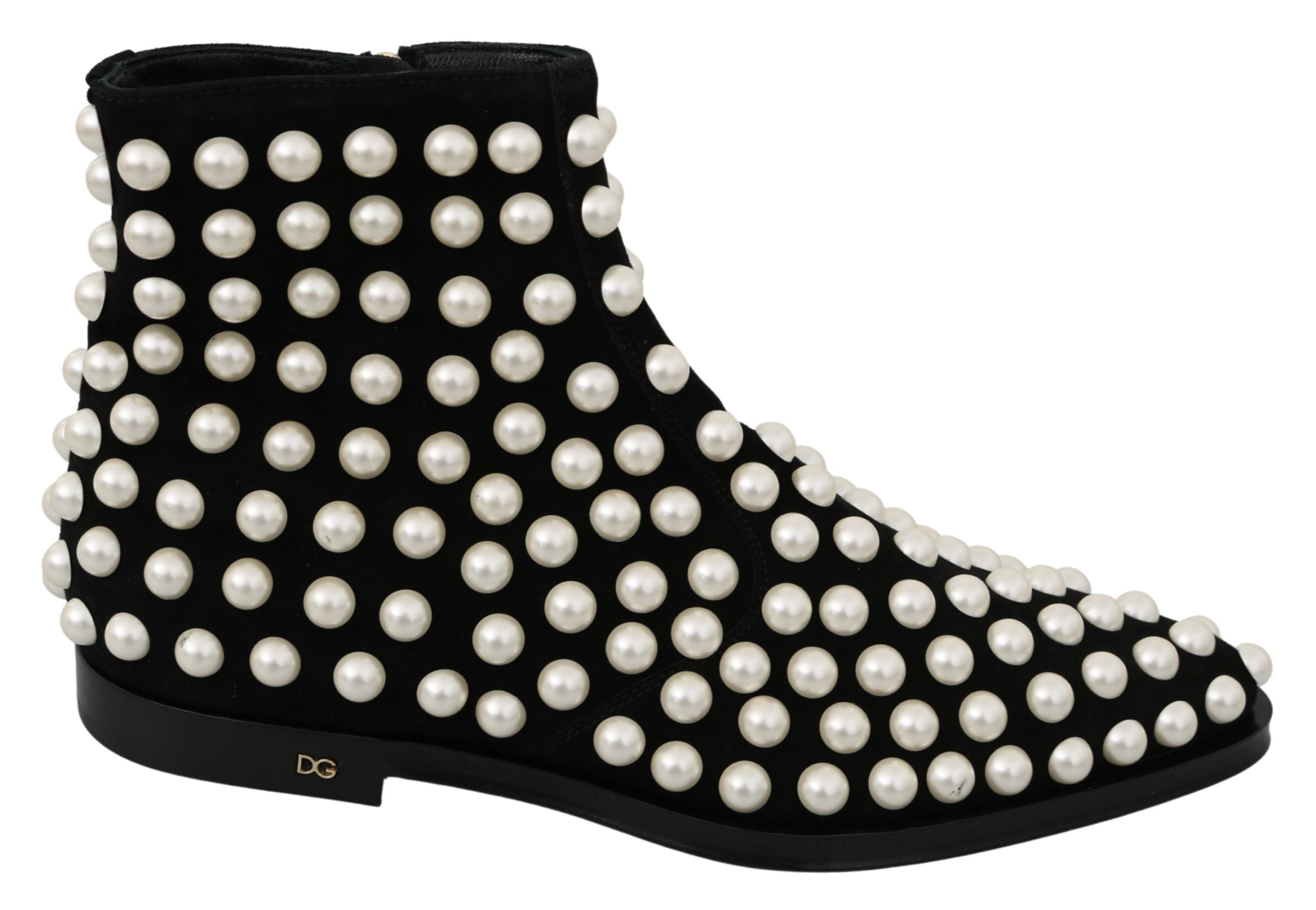 Dolce & Gabbana Black Suede Pearl Studded Boots Shoes