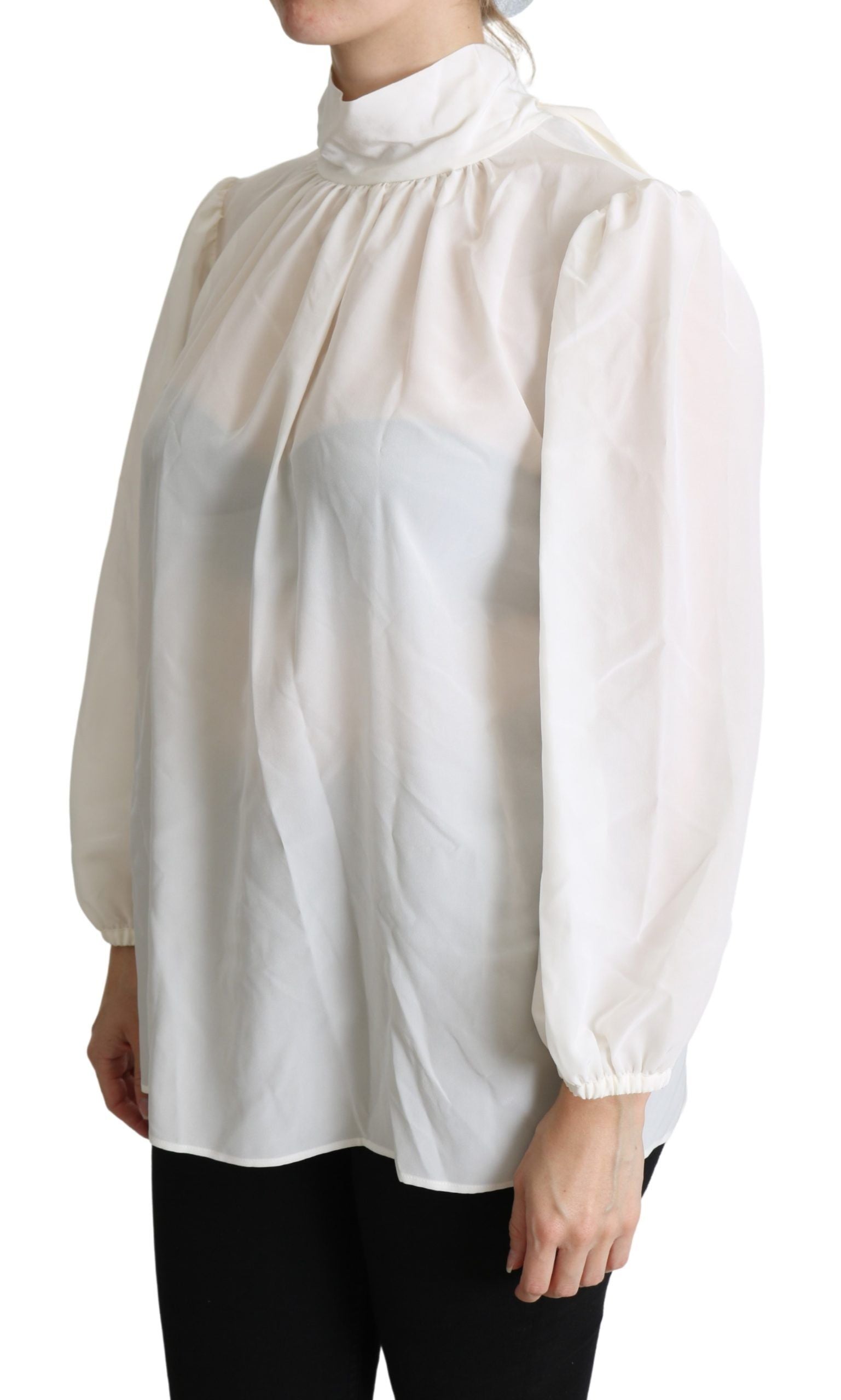 Dolce & Gabbana Weißes Seiden Pussy Bow Langarmtop Bluse-3