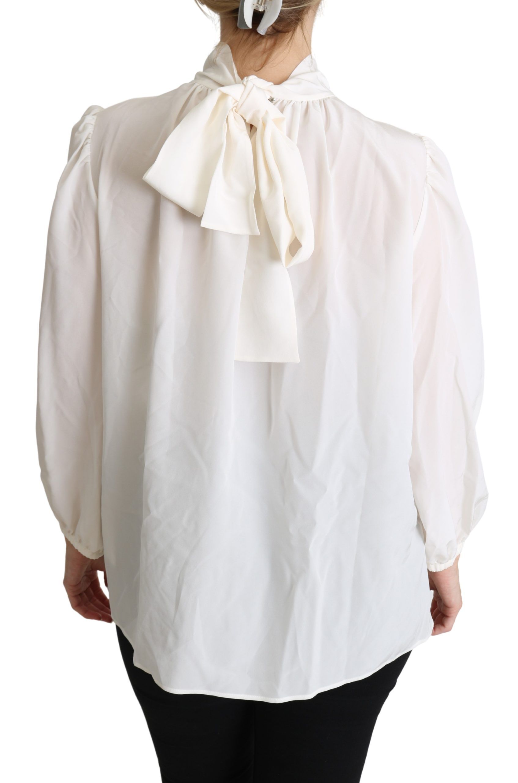 Dolce & Gabbana Weißes Seiden Pussy Bow Langarmtop Bluse-4