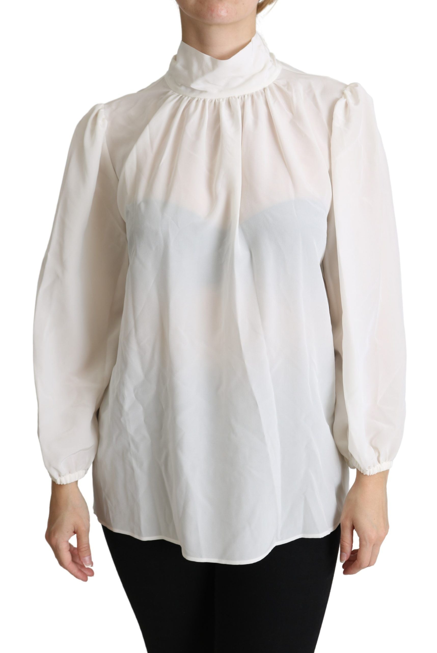 Dolce & Gabbana Weißes Seiden Pussy Bow Langarmtop Bluse-1