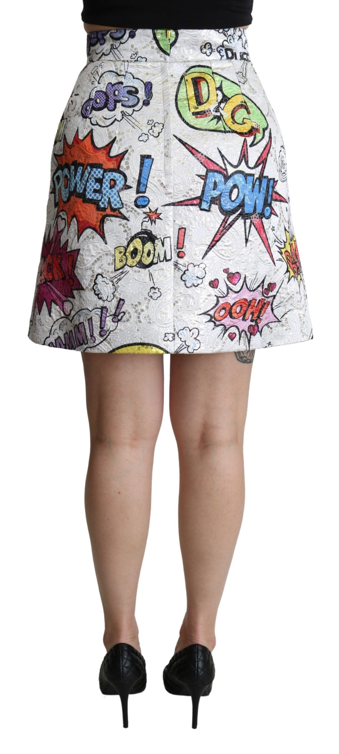 Dolce & Gabbana White Cartoon Brocade A-Line High Waisted Skirt-3