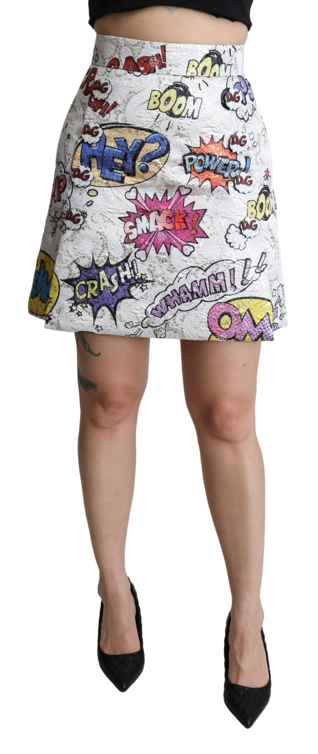 Dolce & Gabbana White Cartoon Brocade A-Line High Waisted Skirt