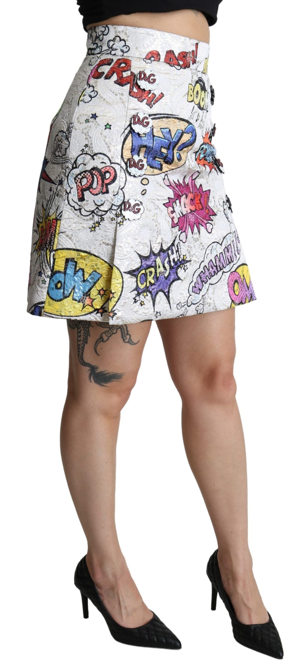 Dolce & Gabbana White Cartoon Brocade A-Line High Waisted Skirt-4